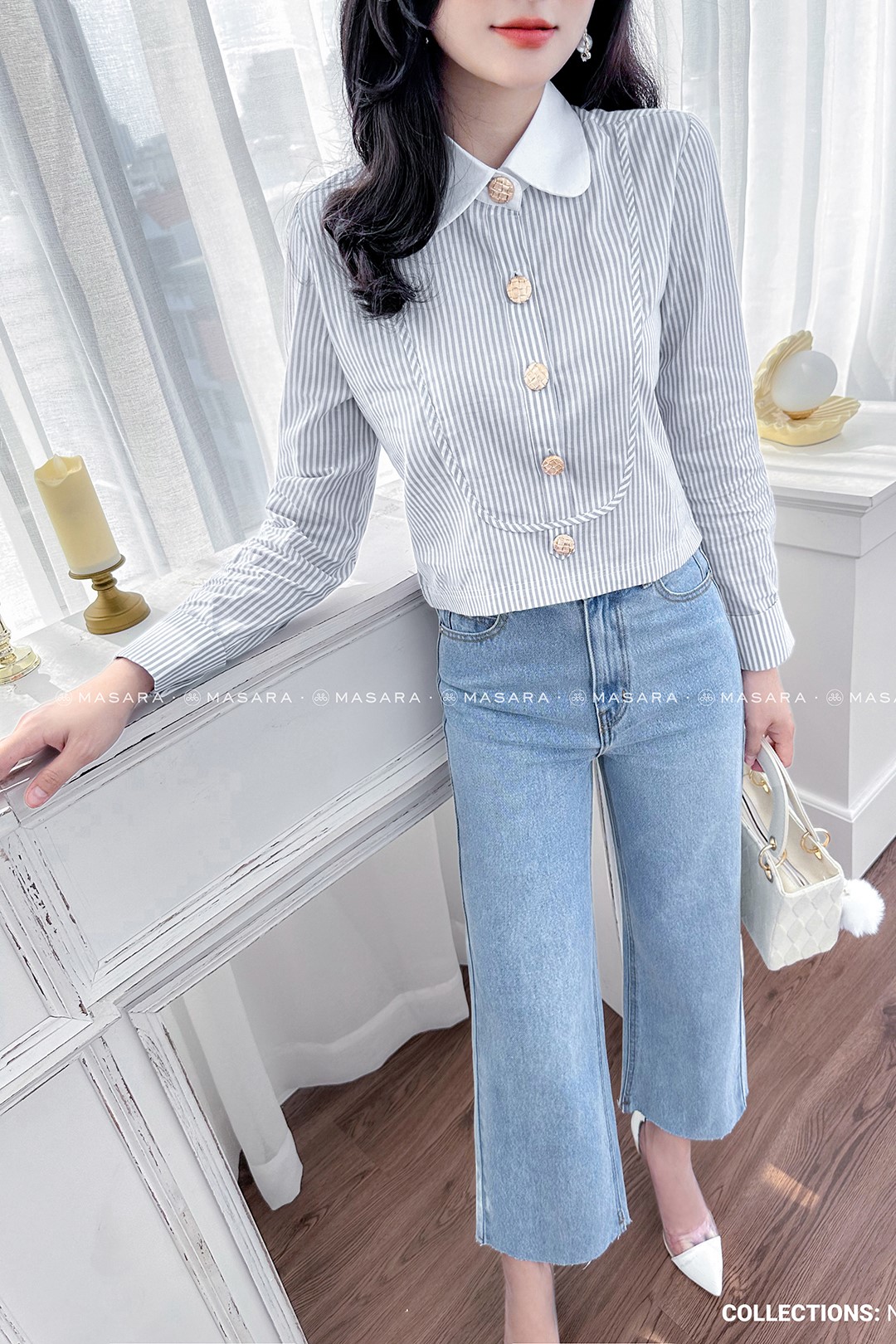 ÁO KẺ NHÍ XÁM GHI PHỐI CỔ TRẮNG