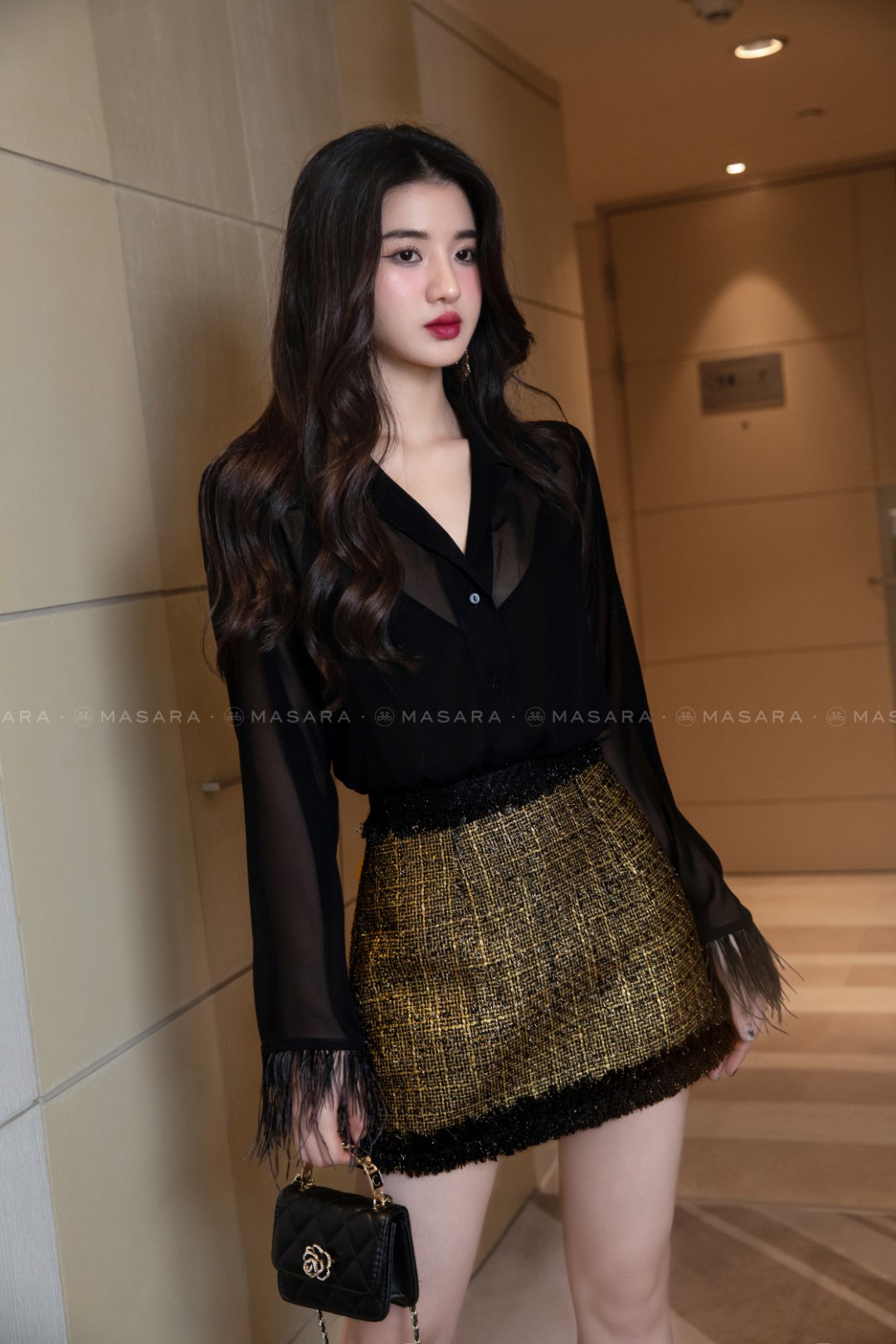 Váy dạ tweed tay lửng đính đá – May's House Designer