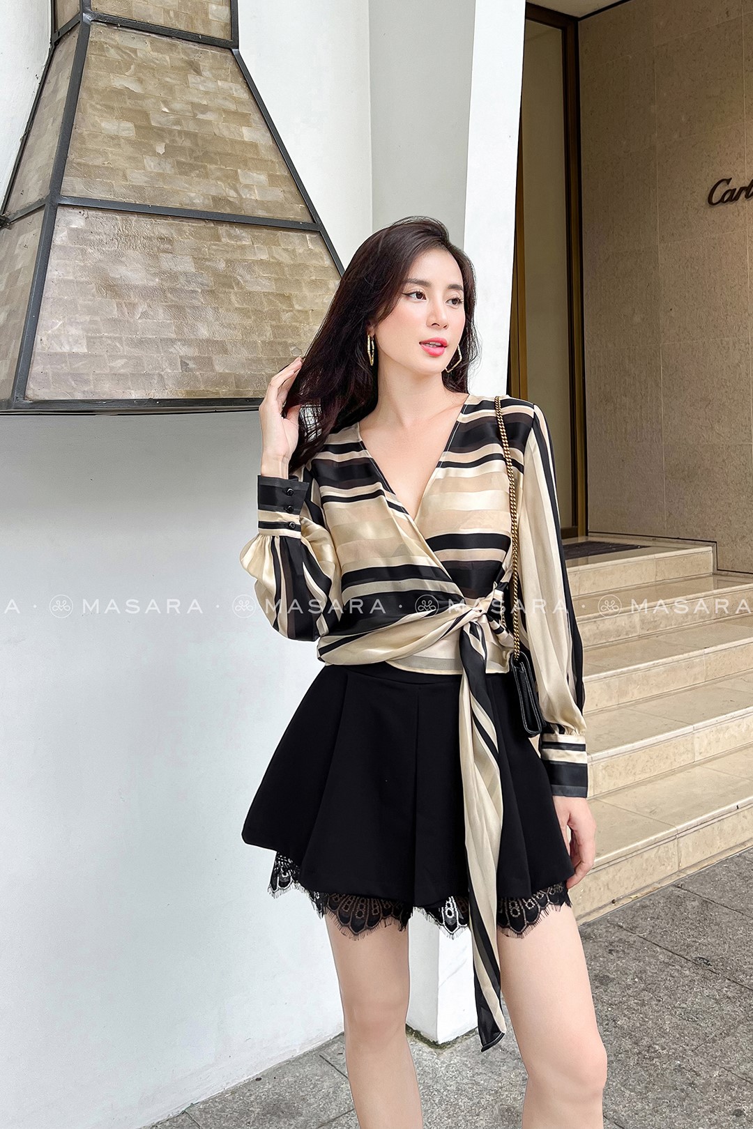 ÁO VOAN LỤA SỌC BE VẠT XÉO SƯỜN