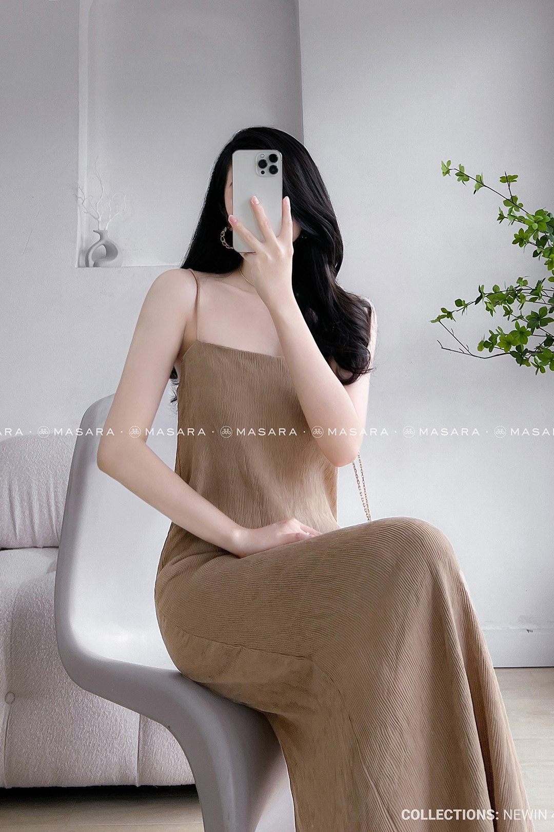 ĐẦM LỤA ĐŨI DẬP TĂM 2 DÂY MÀU NÂU
