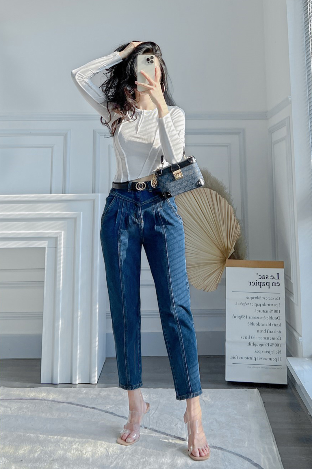 QUẦN JEAN TÚI XÉO XẾP LY XANH ĐẬM