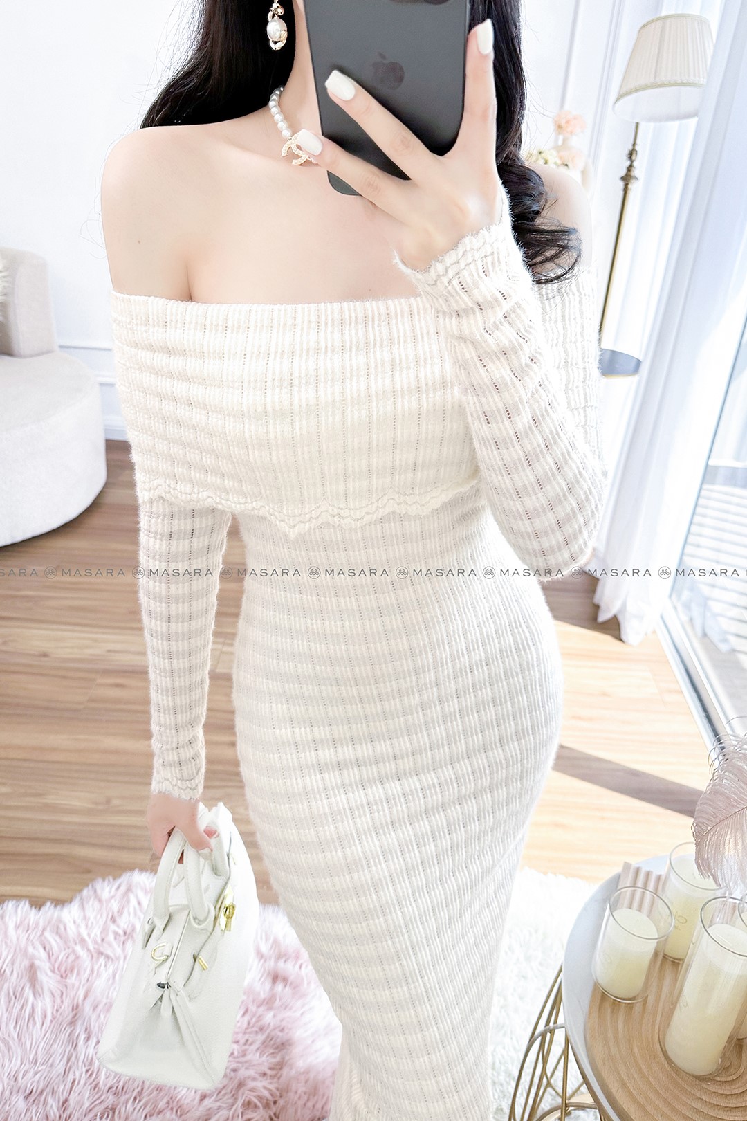 ĐẦM LEN THUN LÔNG MÀU KEM
