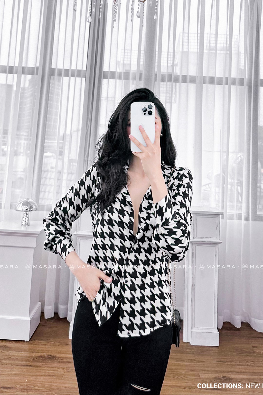ÁO SƠ MI LỤA HOA TIẾT HOUNDSTOOTH