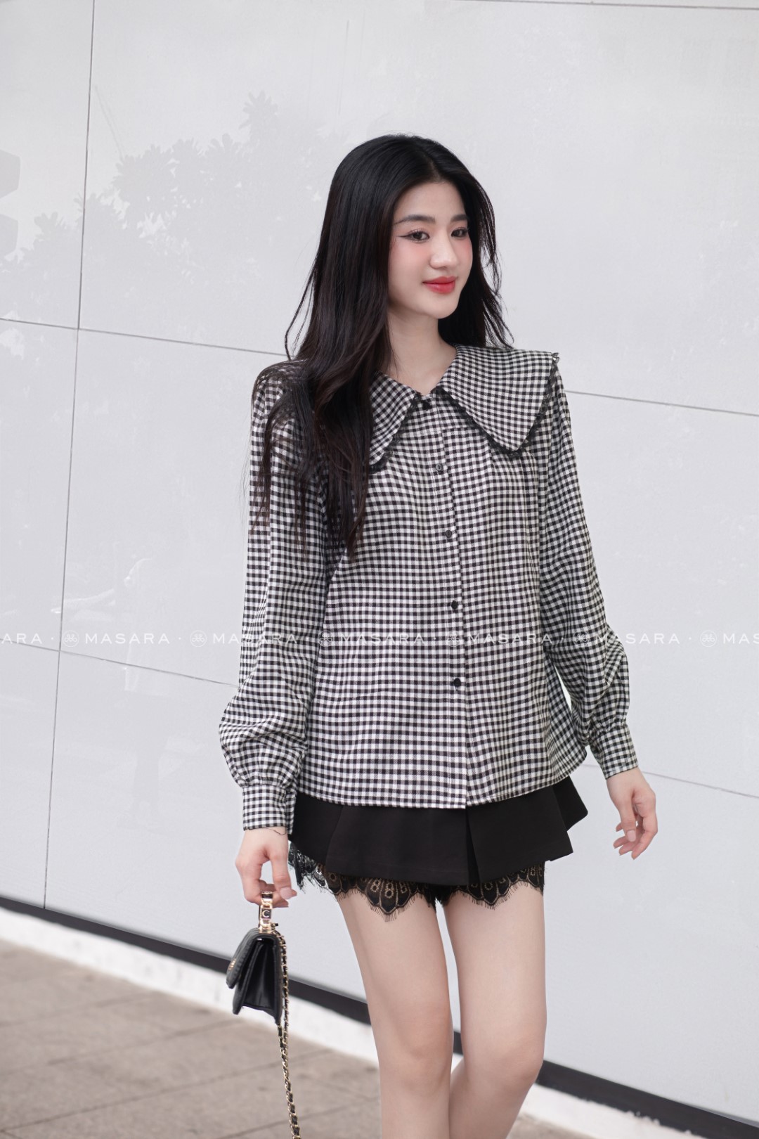 ÁO SƠ MI CARO CỔ BÈO PHỐI REN