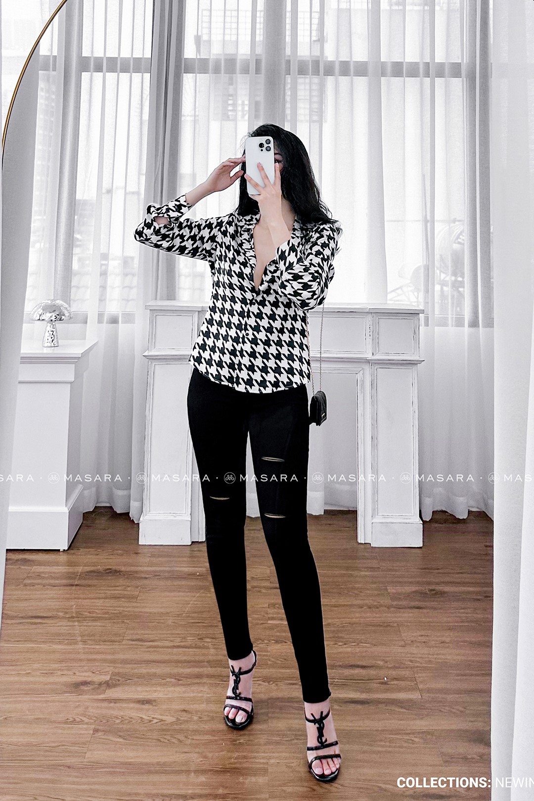 ÁO SƠ MI LỤA HOA TIẾT HOUNDSTOOTH