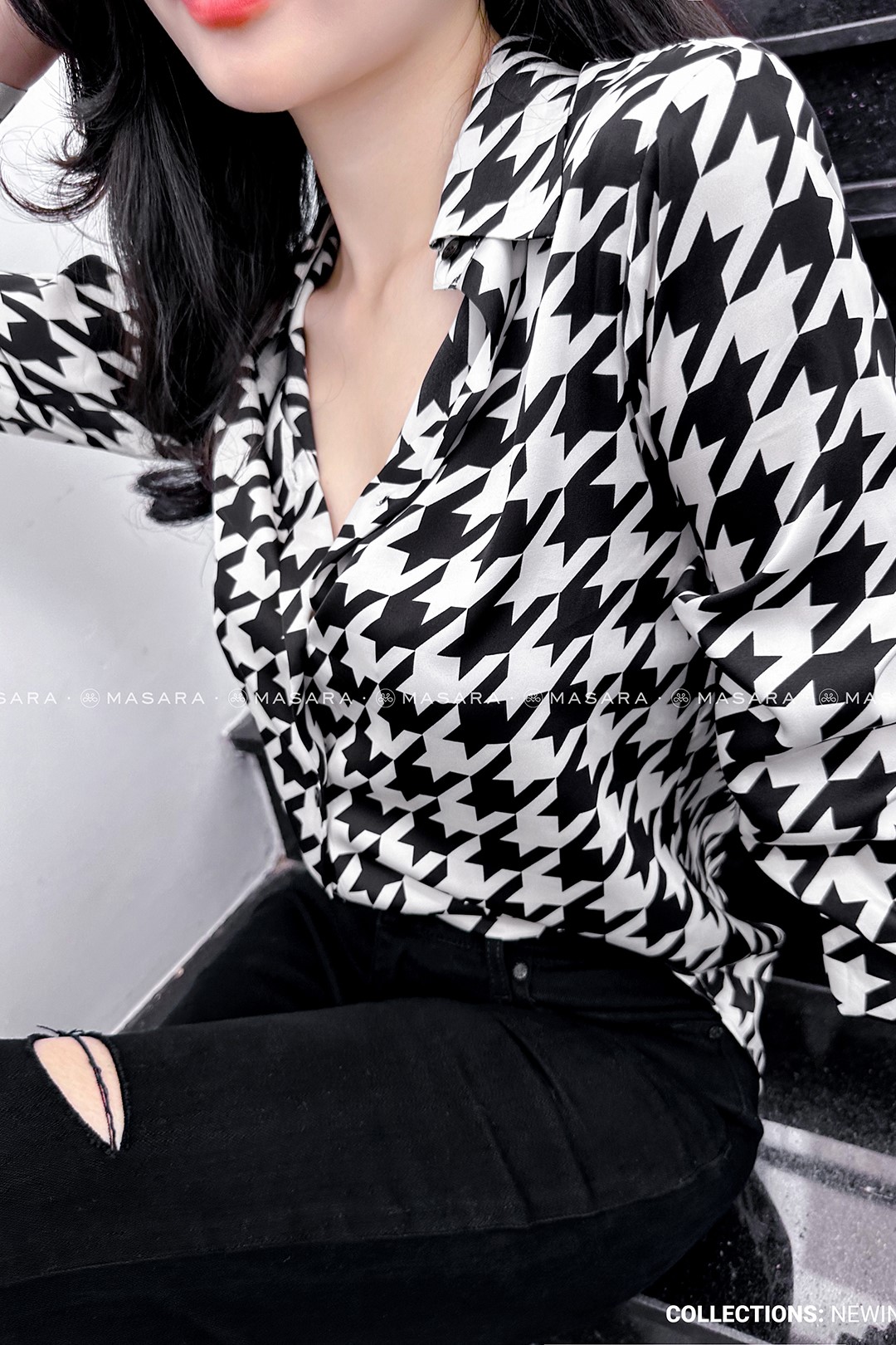 ÁO SƠ MI LỤA HOA TIẾT HOUNDSTOOTH