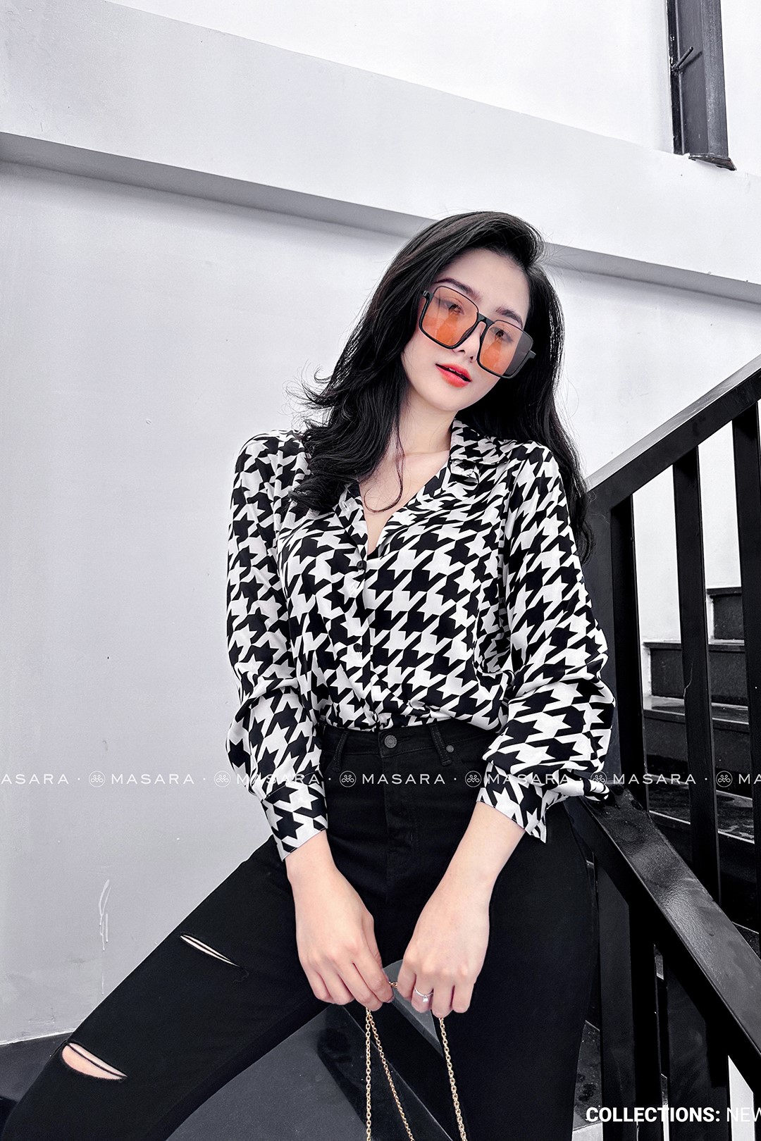 ÁO SƠ MI LỤA HOA TIẾT HOUNDSTOOTH