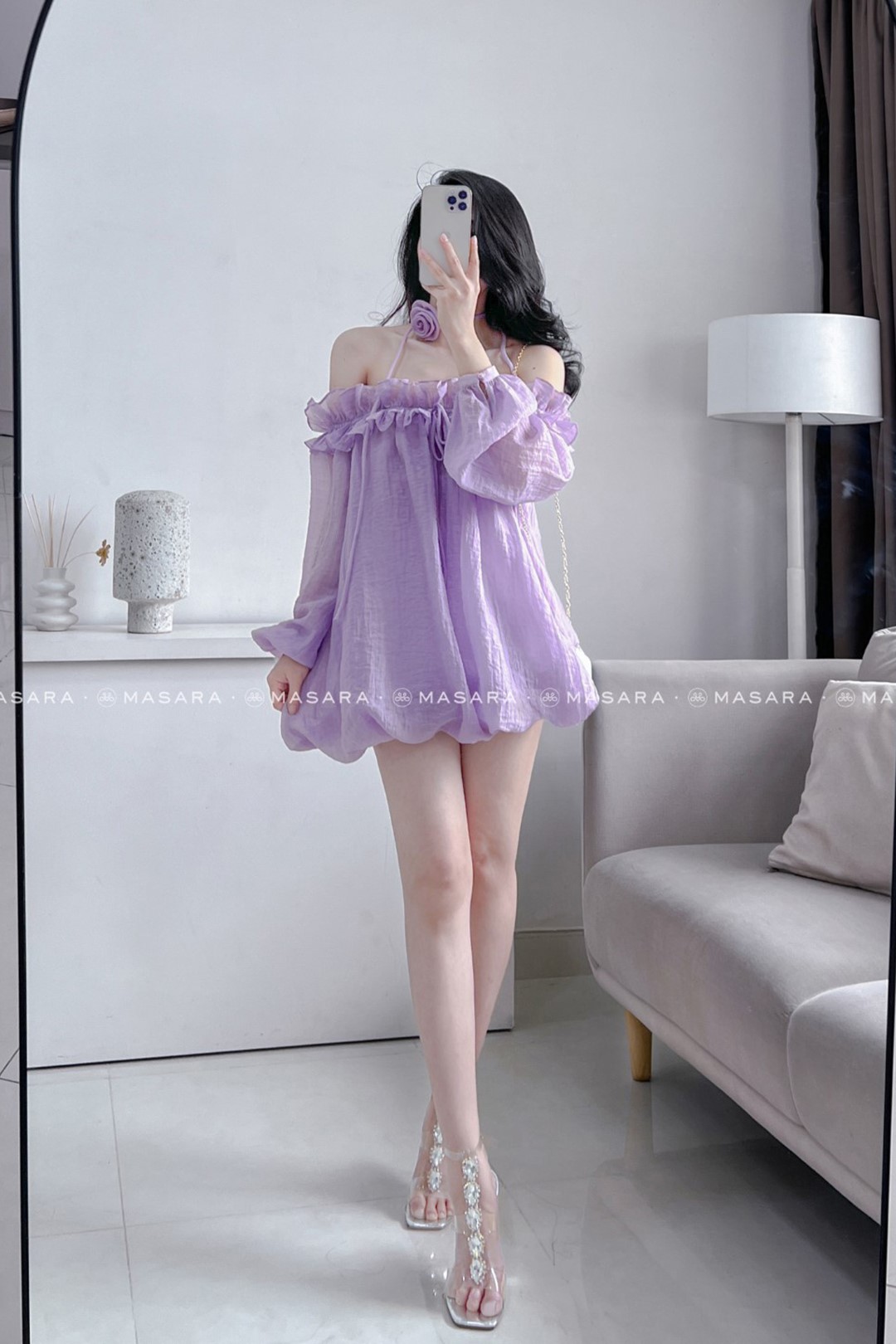 Đầm váy babydoll trễ vai thắt nơ to dài tay bồng xoè 2 lớp hàng loại 1 cao  cấp