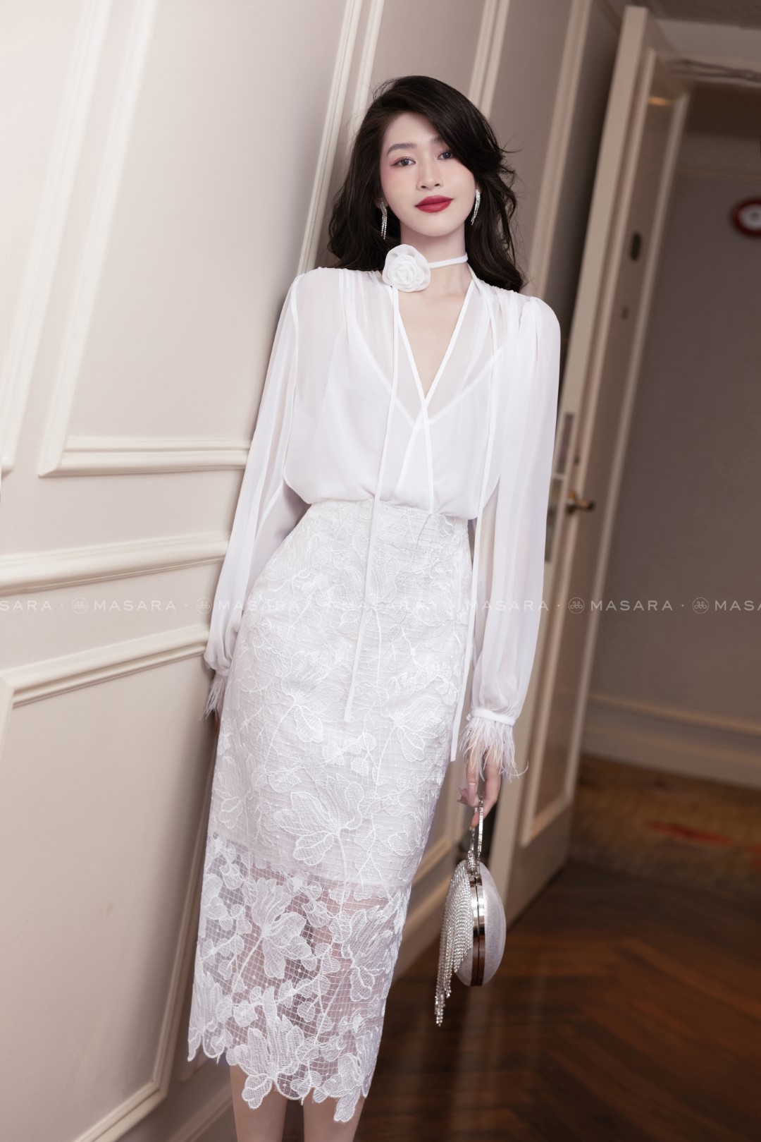 Đầm ren trắng dự tiệc phối đăng ten dáng chữ A KK165-18 | Thời trang công  sở K&K Fashion