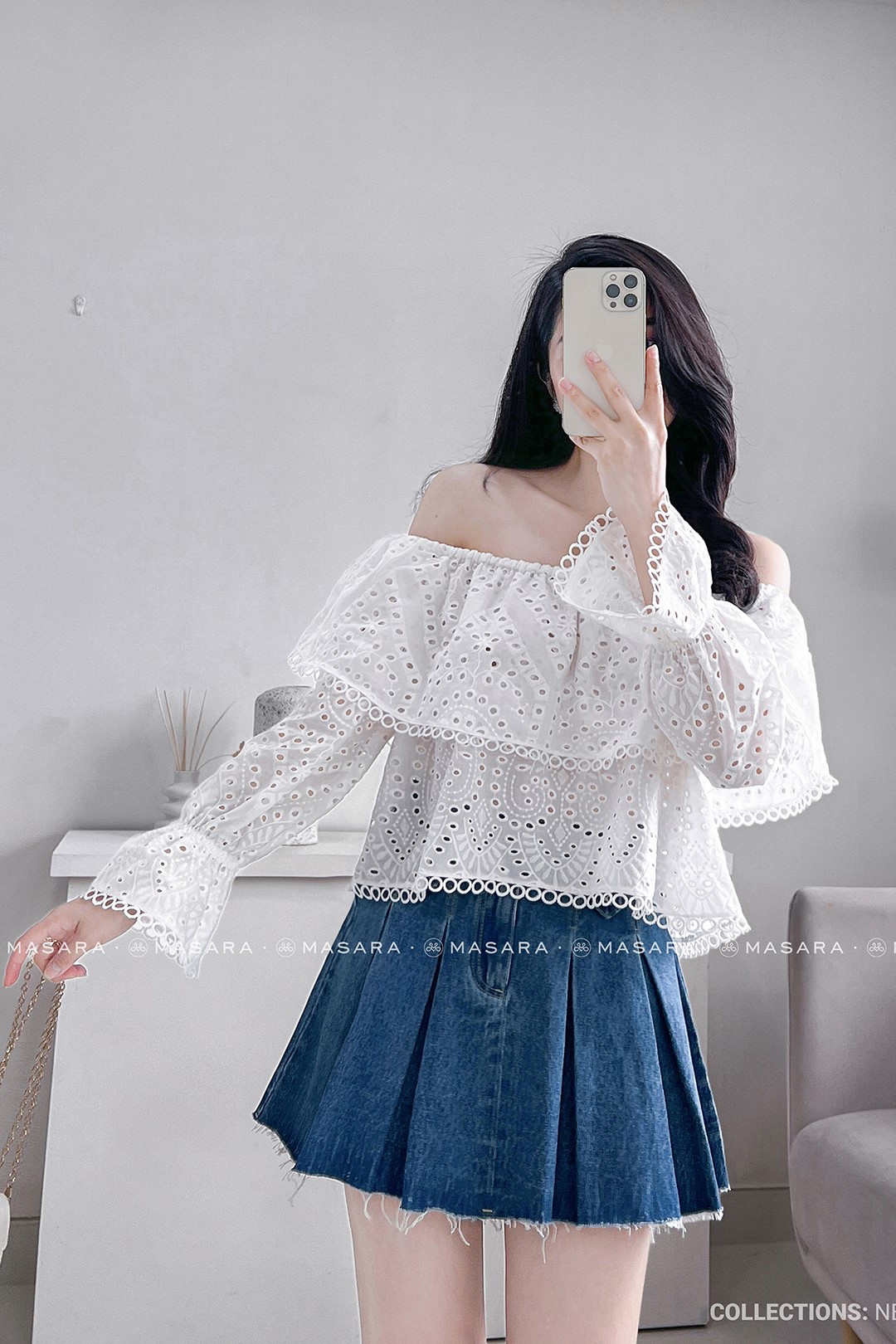 CHÂN VÁY JEAN XẾP LY MÀU XANH