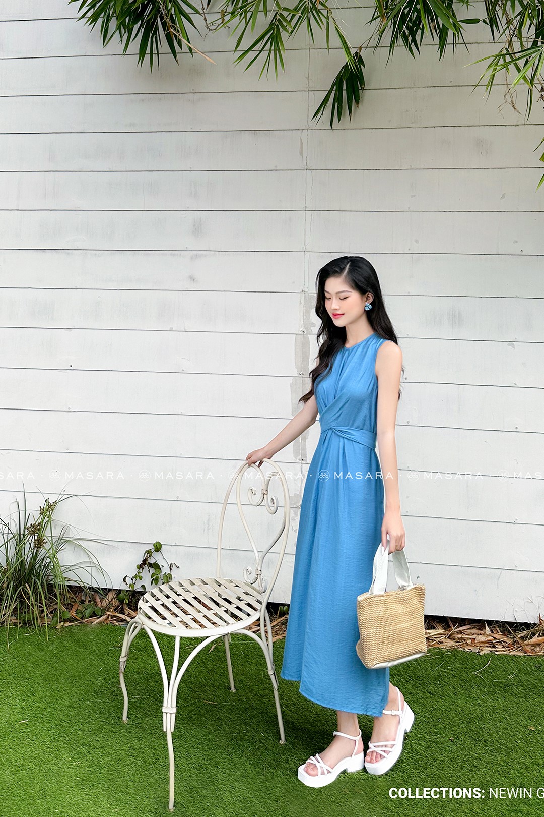 ĐẦM TẰM XƯỚC MỀM THẮT NƠ EO XANH DƯƠNG