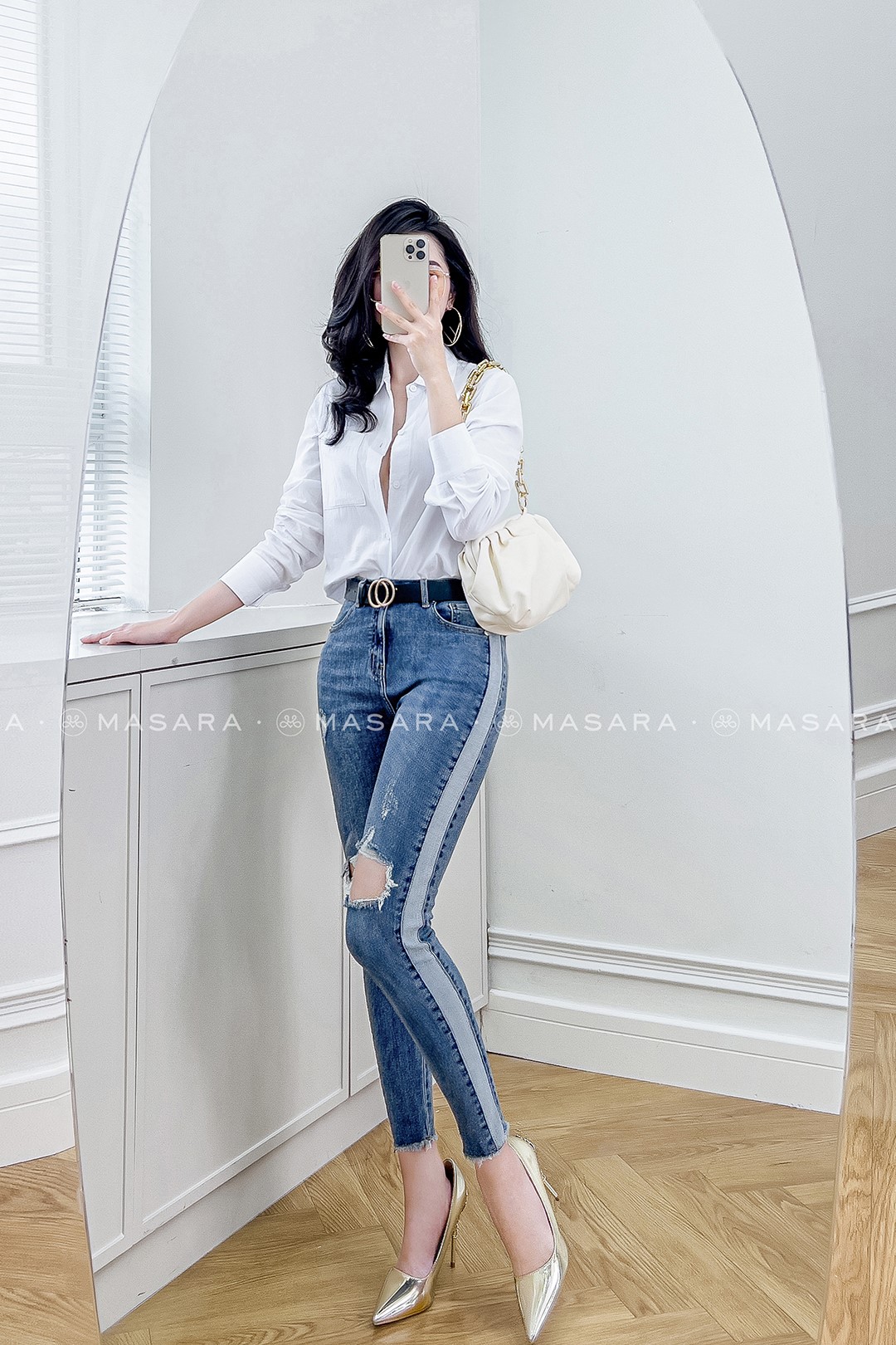 QUẦN JEAN SKINNY XANH PHỐI SƯỜN RÁCH ĐÙI