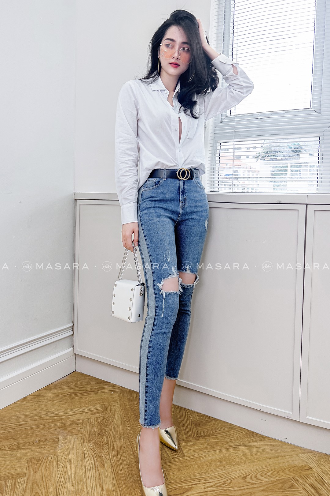 QUẦN JEAN SKINNY XANH PHỐI SƯỜN RÁCH ĐÙI