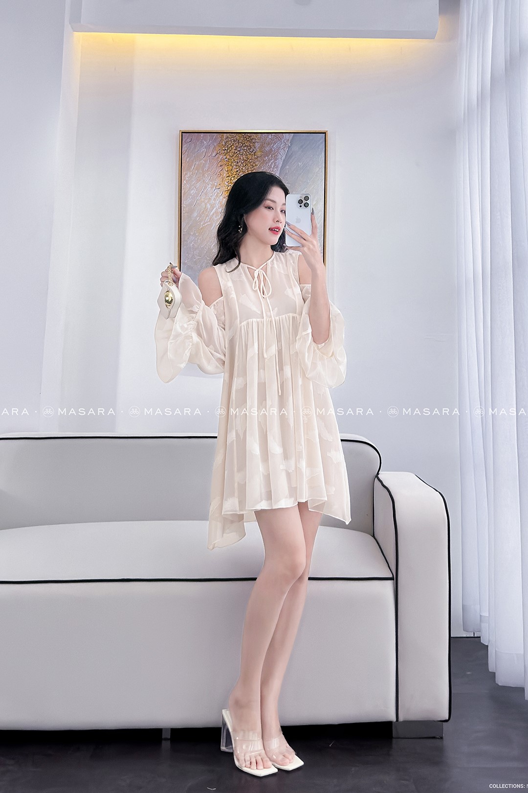 ĐẦM TƠ XƯỚC LÔNG VŨ MÀU KEM