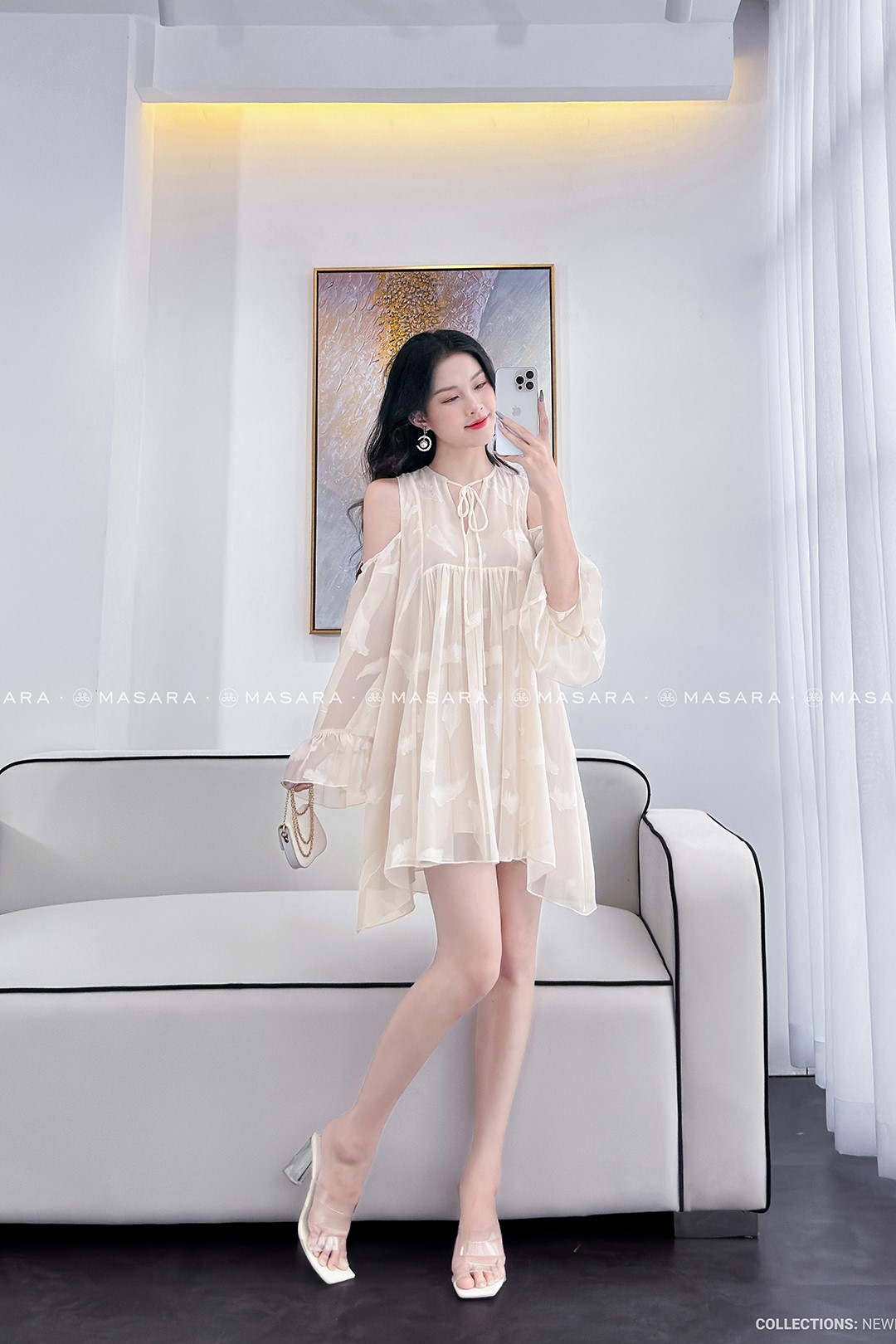 ĐẦM TƠ XƯỚC LÔNG VŨ MÀU KEM