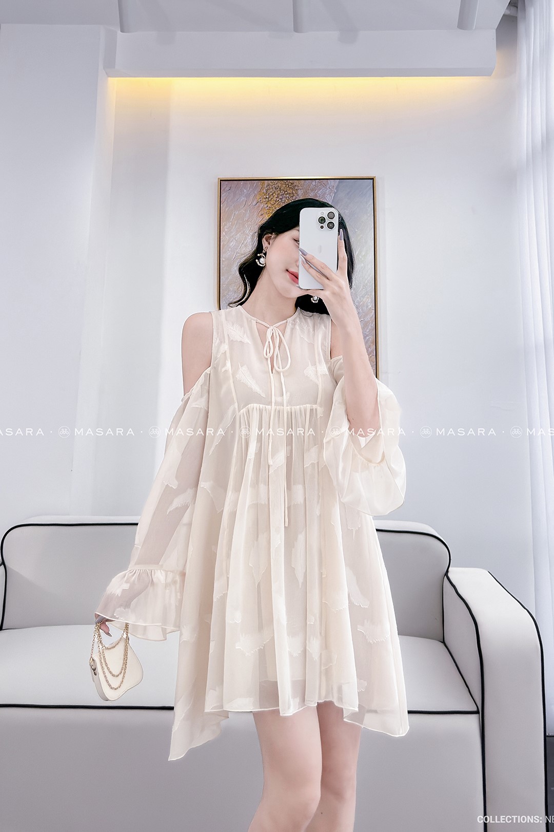 ĐẦM TƠ XƯỚC LÔNG VŨ MÀU KEM