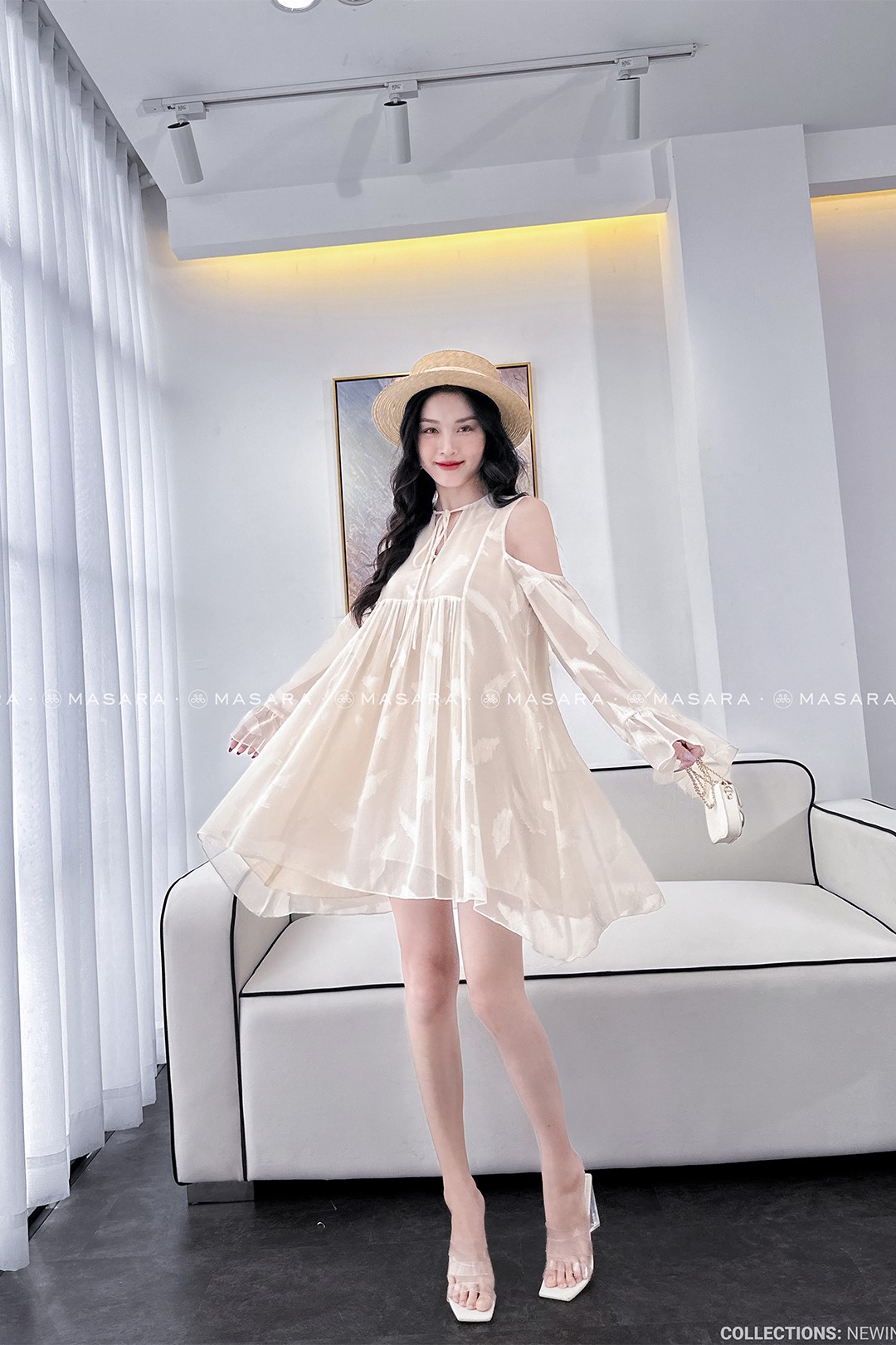 ĐẦM TƠ XƯỚC LÔNG VŨ MÀU KEM