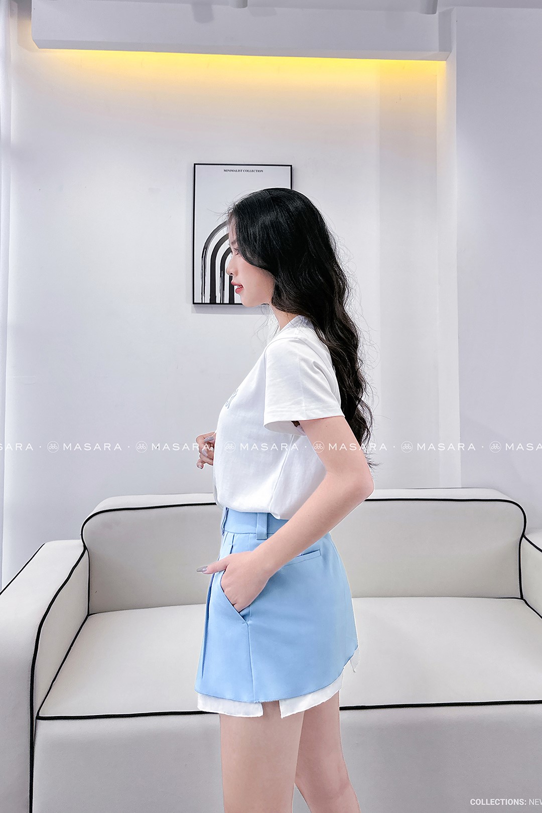 QUẦN VÁY XANH DƯƠNG PHỐI LÓT TÚI TRẮNG