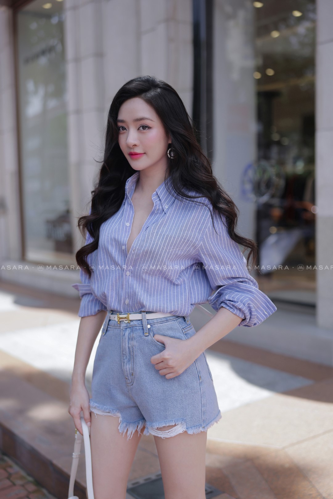 ÁO SƠ MI COTTON KẺ XANH TRẮNG TÚI V
