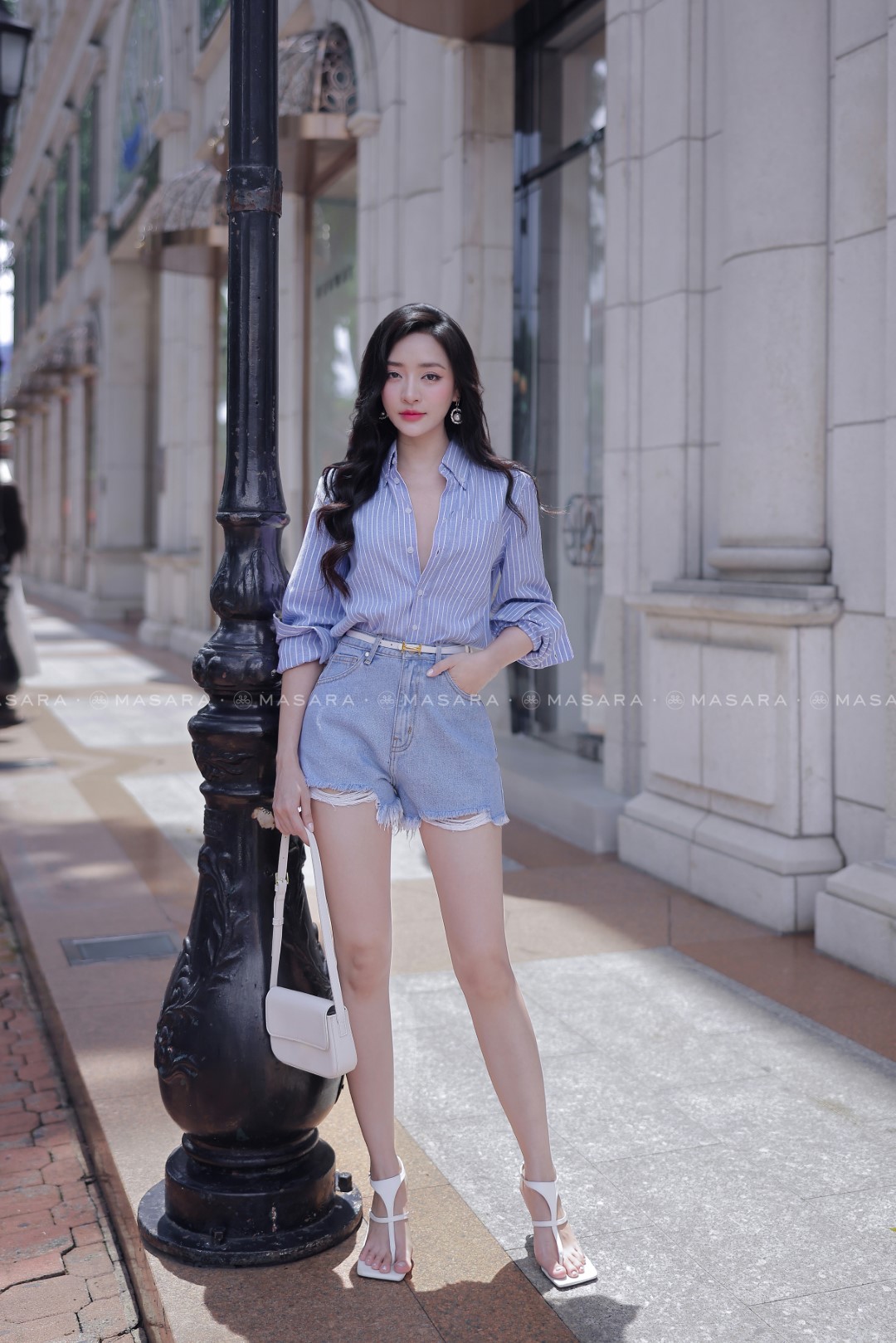 ÁO SƠ MI COTTON KẺ XANH TRẮNG TÚI V