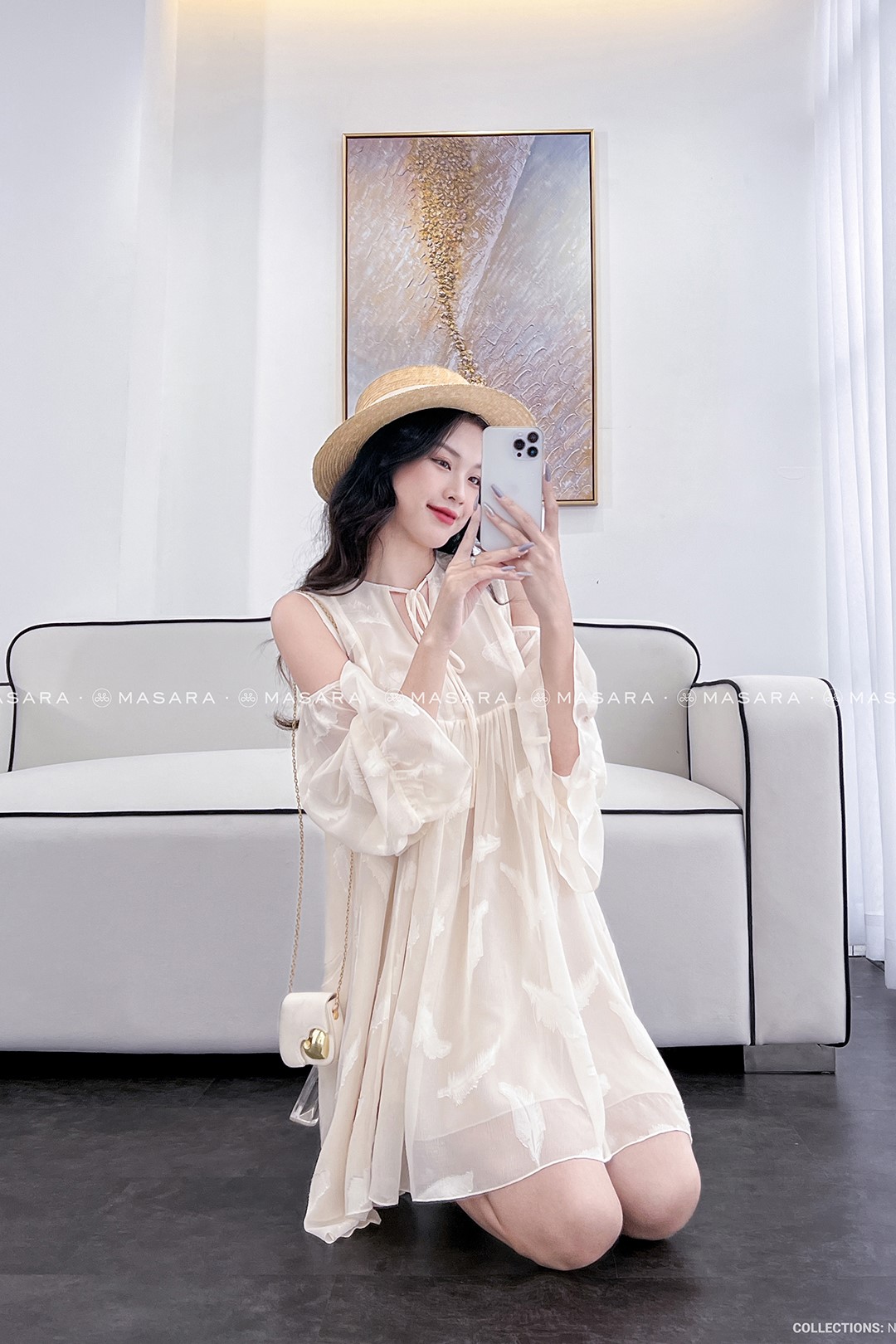 ĐẦM TƠ XƯỚC LÔNG VŨ MÀU KEM