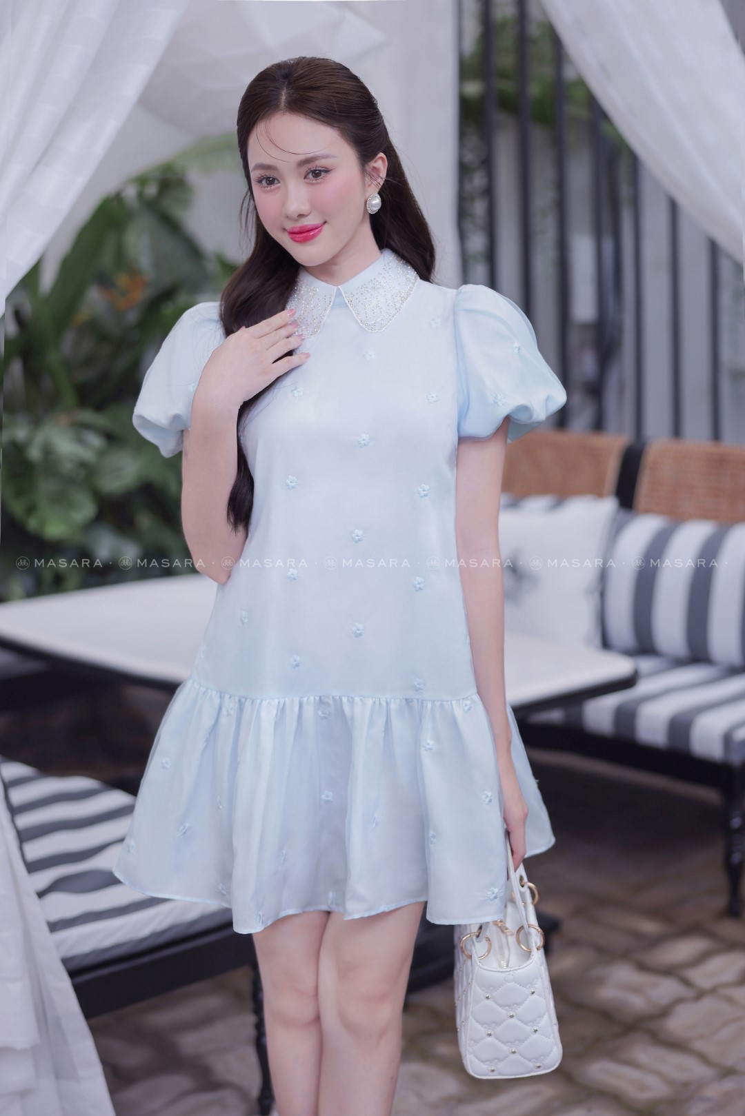 ĐẦM TƠ THÊU 2 LỚP XANH PASTEL CỔ NGỌC