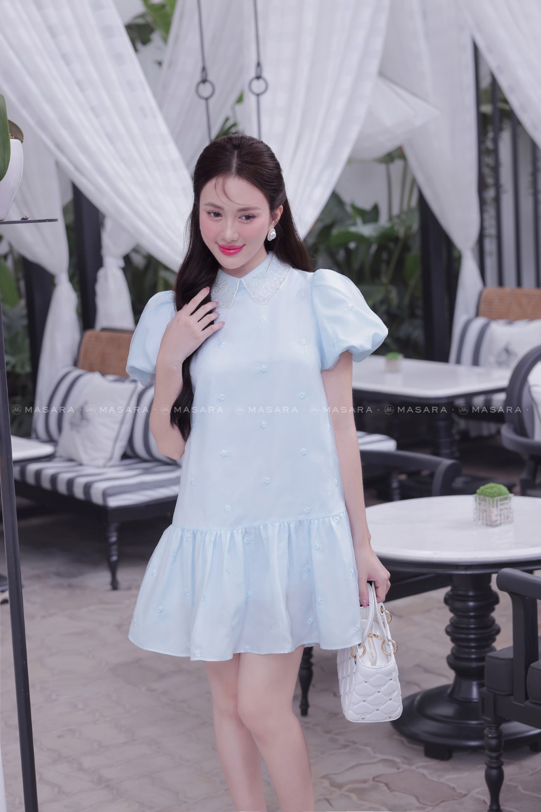 ĐẦM TƠ THÊU 2 LỚP XANH PASTEL CỔ NGỌC