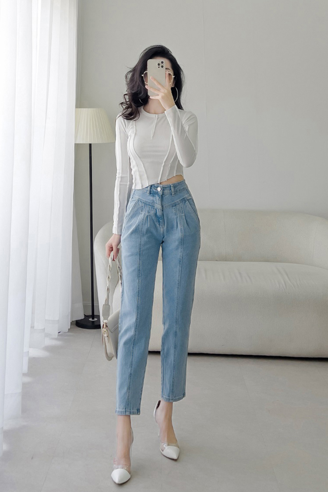 QUẦN JEAN TÚI XÉO XẾP LY XANH NHẠT