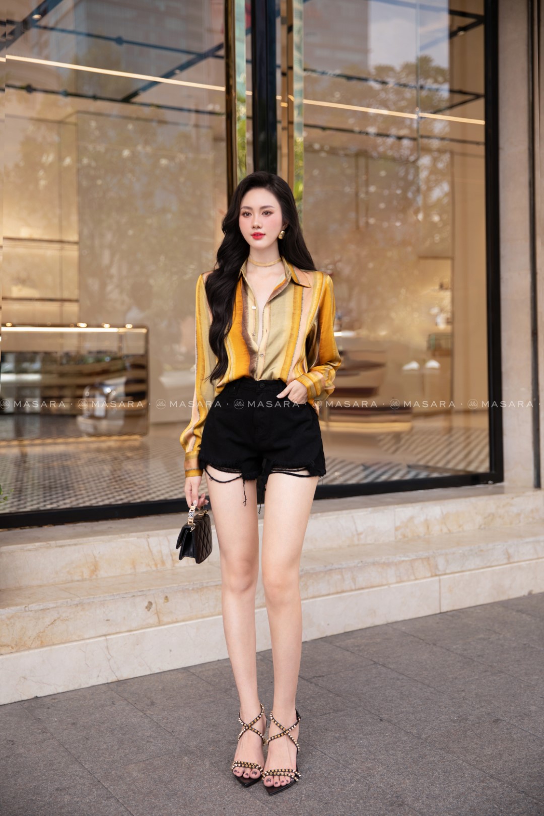 SƠ MI LỤA TRƯỢT KẺ SỌC VÀNG