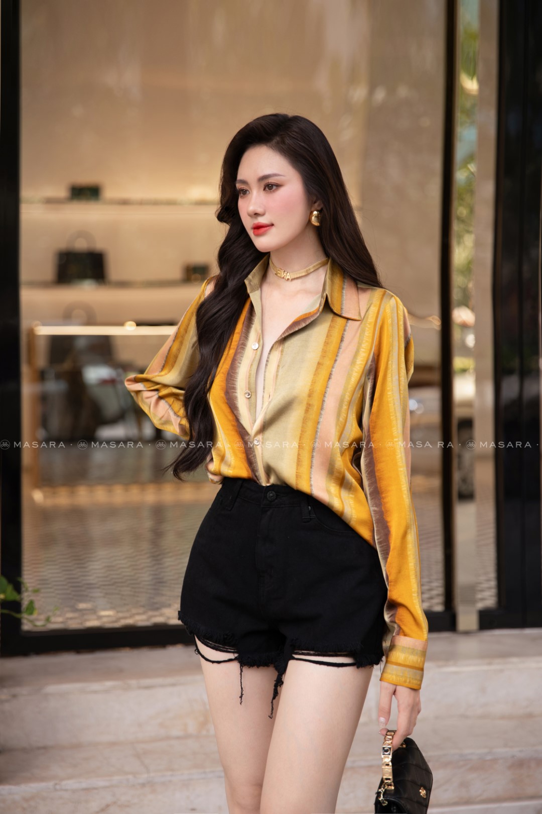 SƠ MI LỤA TRƯỢT KẺ SỌC VÀNG