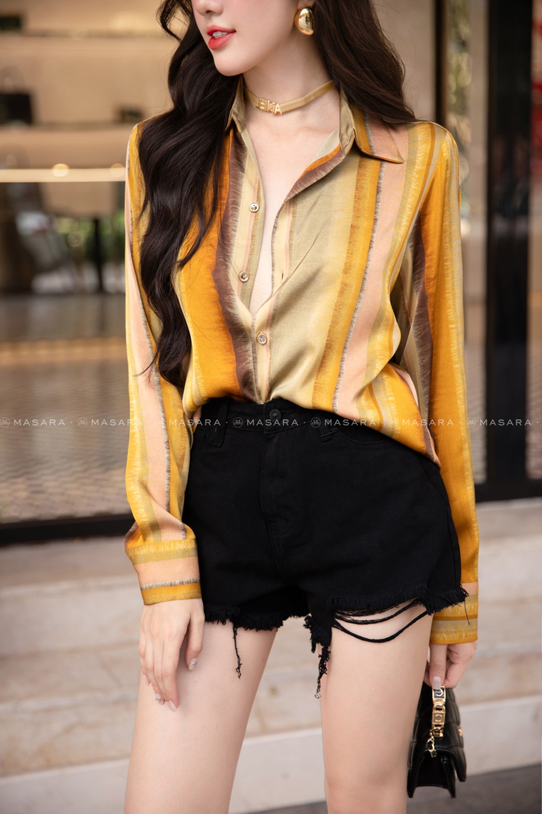 SƠ MI LỤA TRƯỢT KẺ SỌC VÀNG