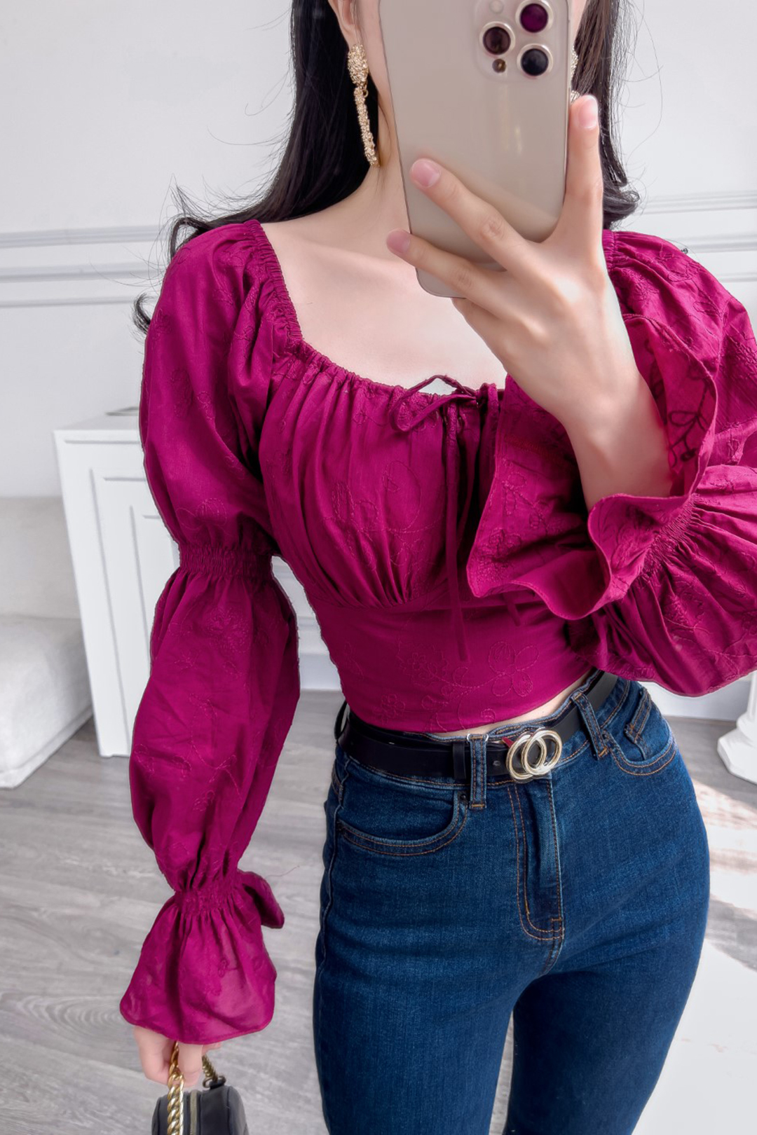 ÁO COTTON THÊU TAY BỒNG TÍM ĐỎ