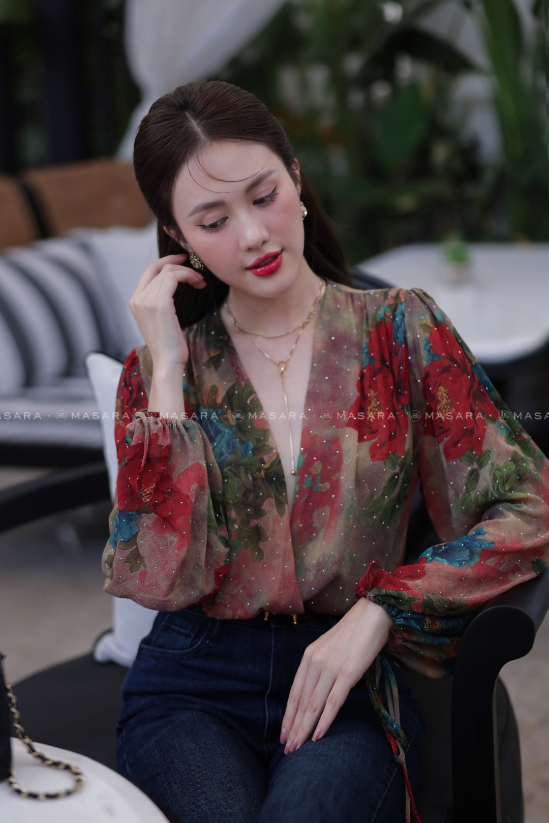 ÁO KIMONO TƠ GÂN MỀM HOA ĐỎ ĐẬM