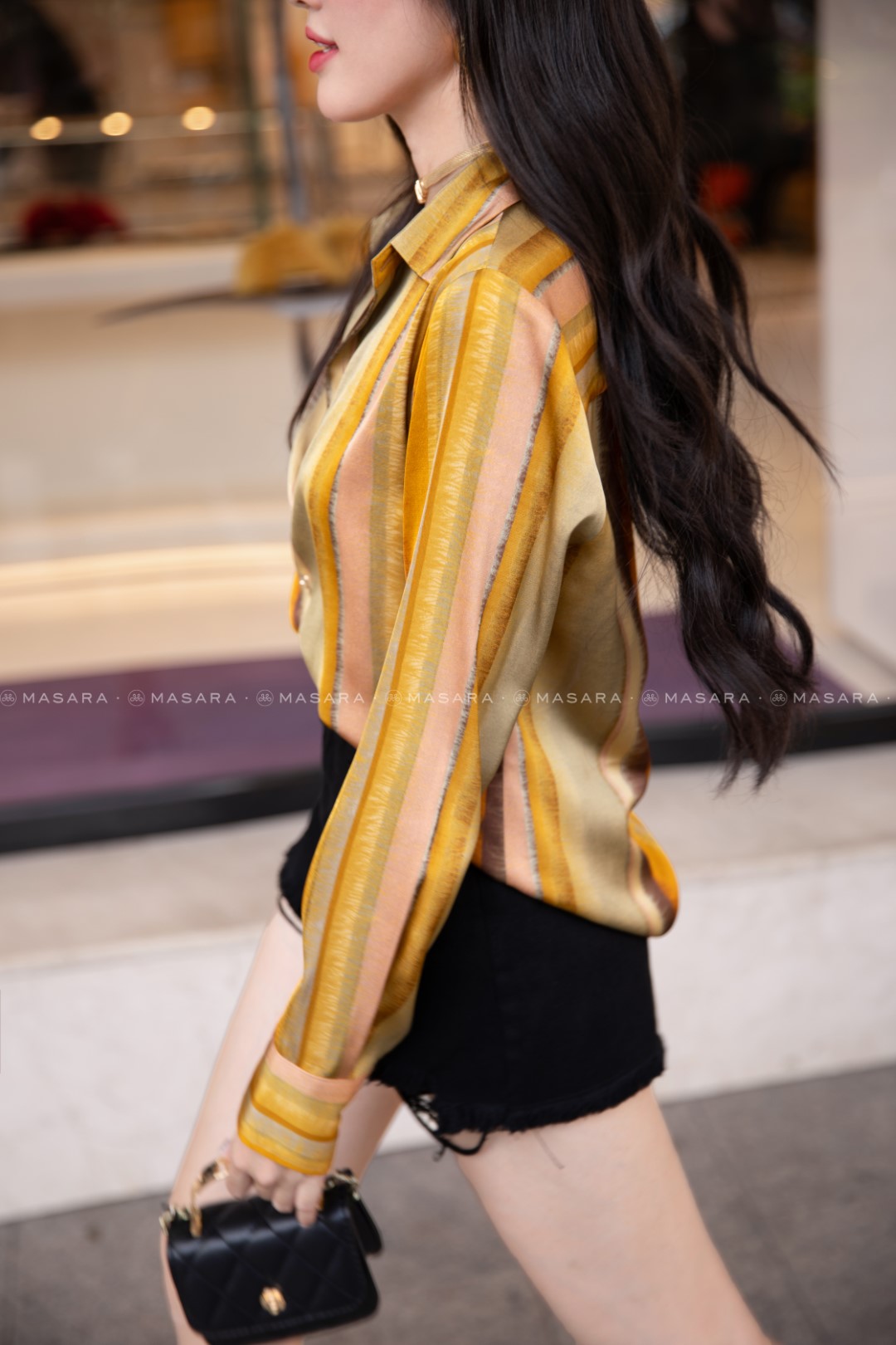 SƠ MI LỤA TRƯỢT KẺ SỌC VÀNG