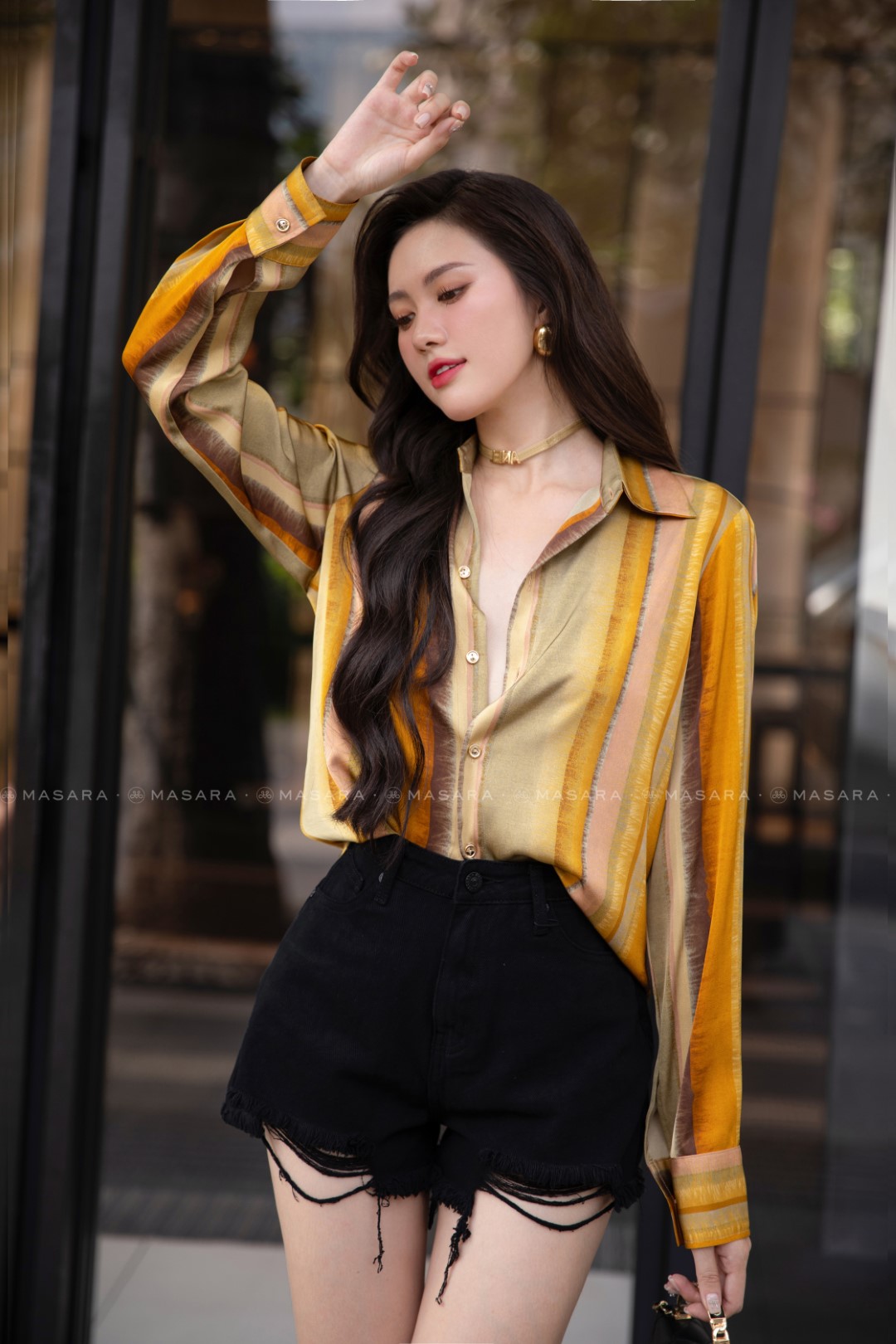 SƠ MI LỤA TRƯỢT KẺ SỌC VÀNG