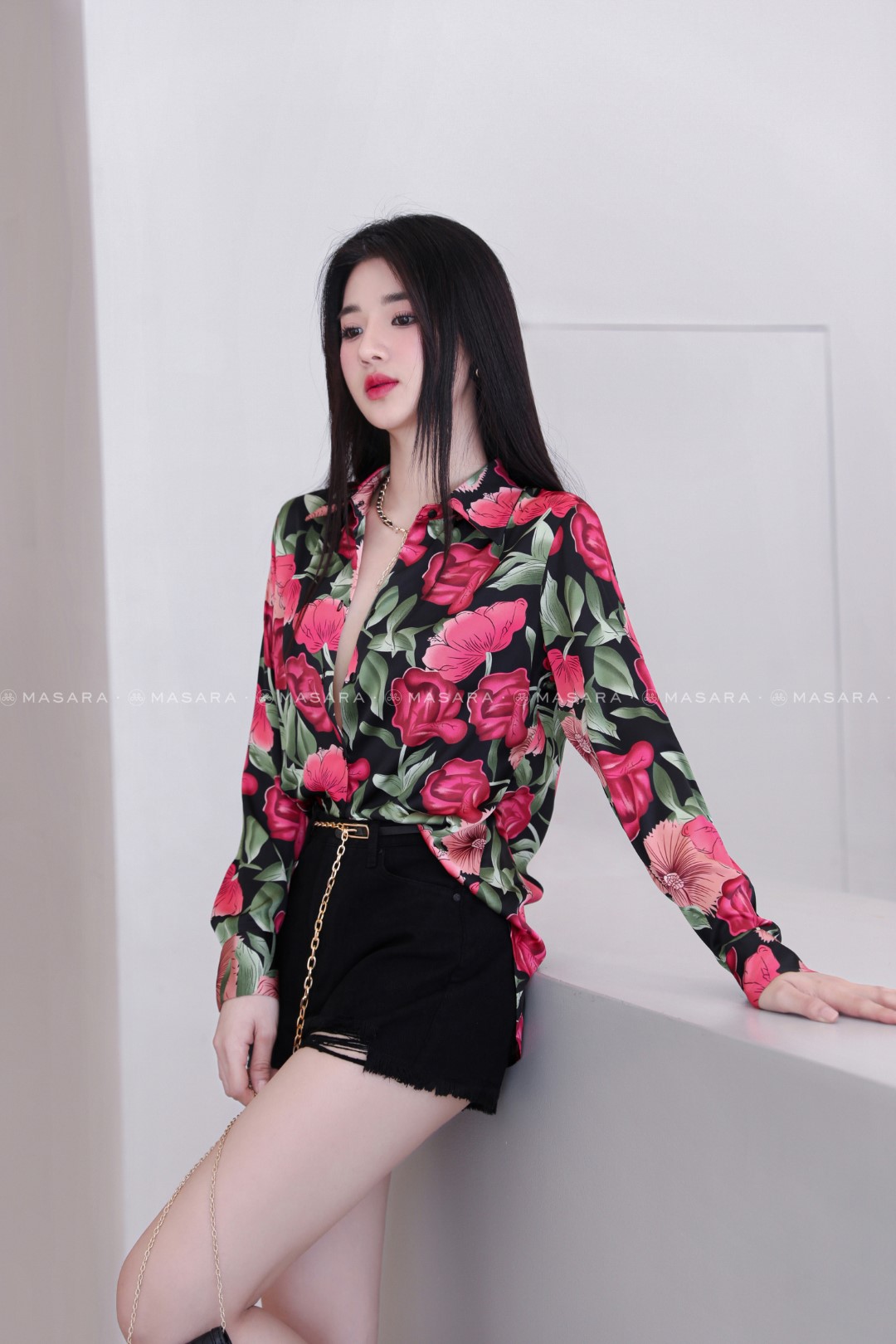 ÁO SƠ MI LỤA HOA CÁT TƯỜNG ĐỎ