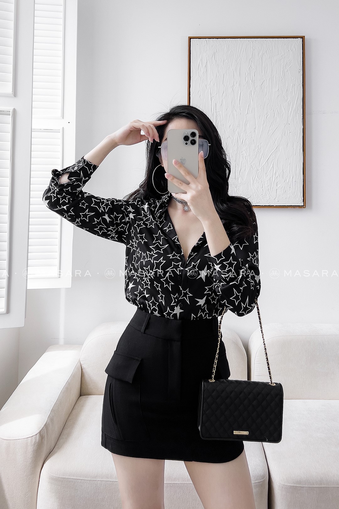 ÁO SƠ MI LỤA NGÔI SAO MÀU ĐEN