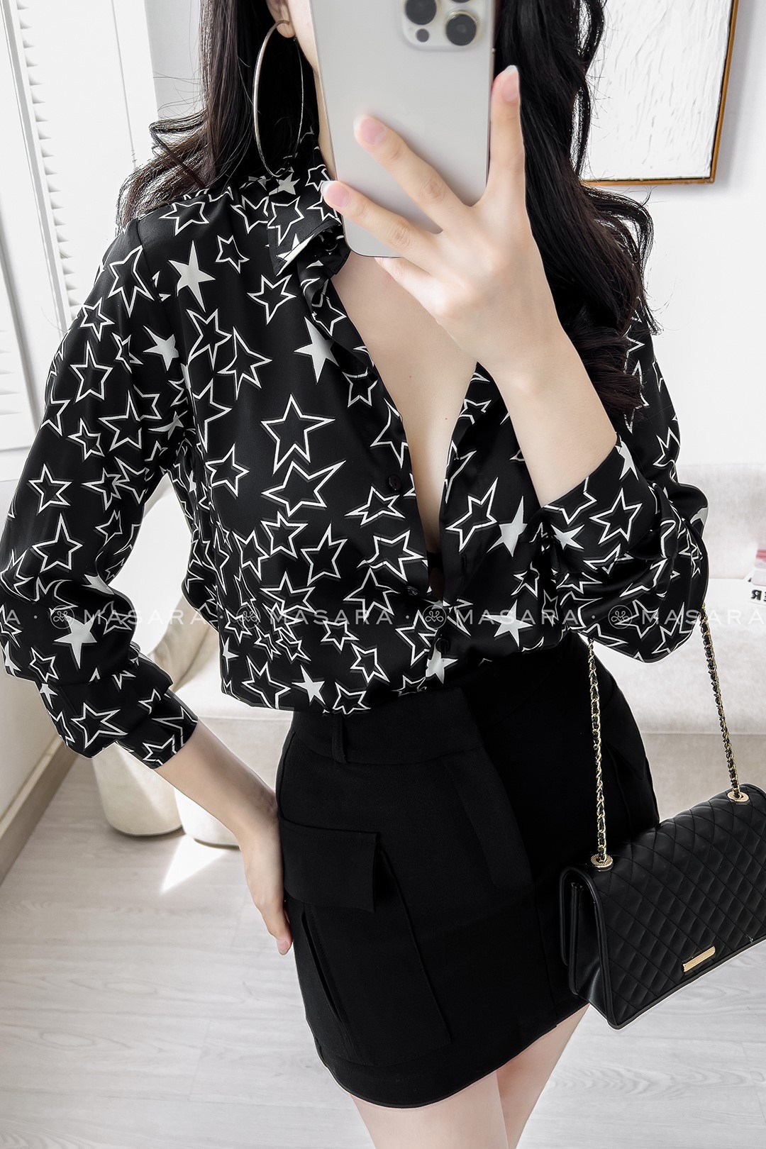 ÁO SƠ MI LỤA NGÔI SAO MÀU ĐEN