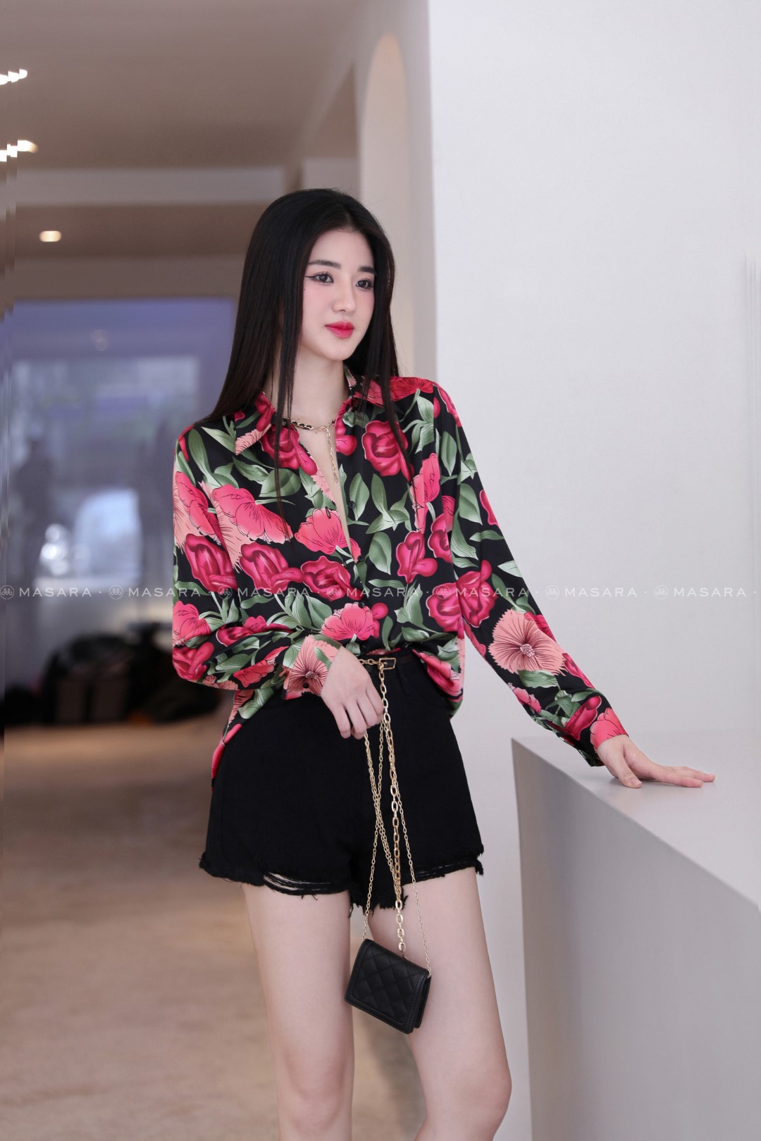 ÁO SƠ MI LỤA HOA CÁT TƯỜNG ĐỎ