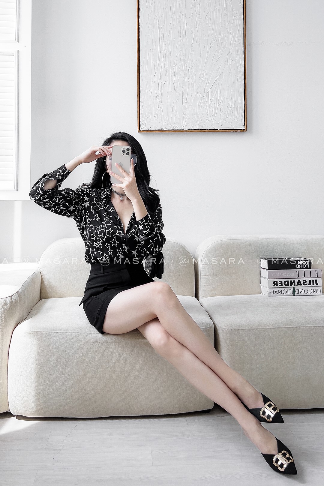 ÁO SƠ MI LỤA NGÔI SAO MÀU ĐEN