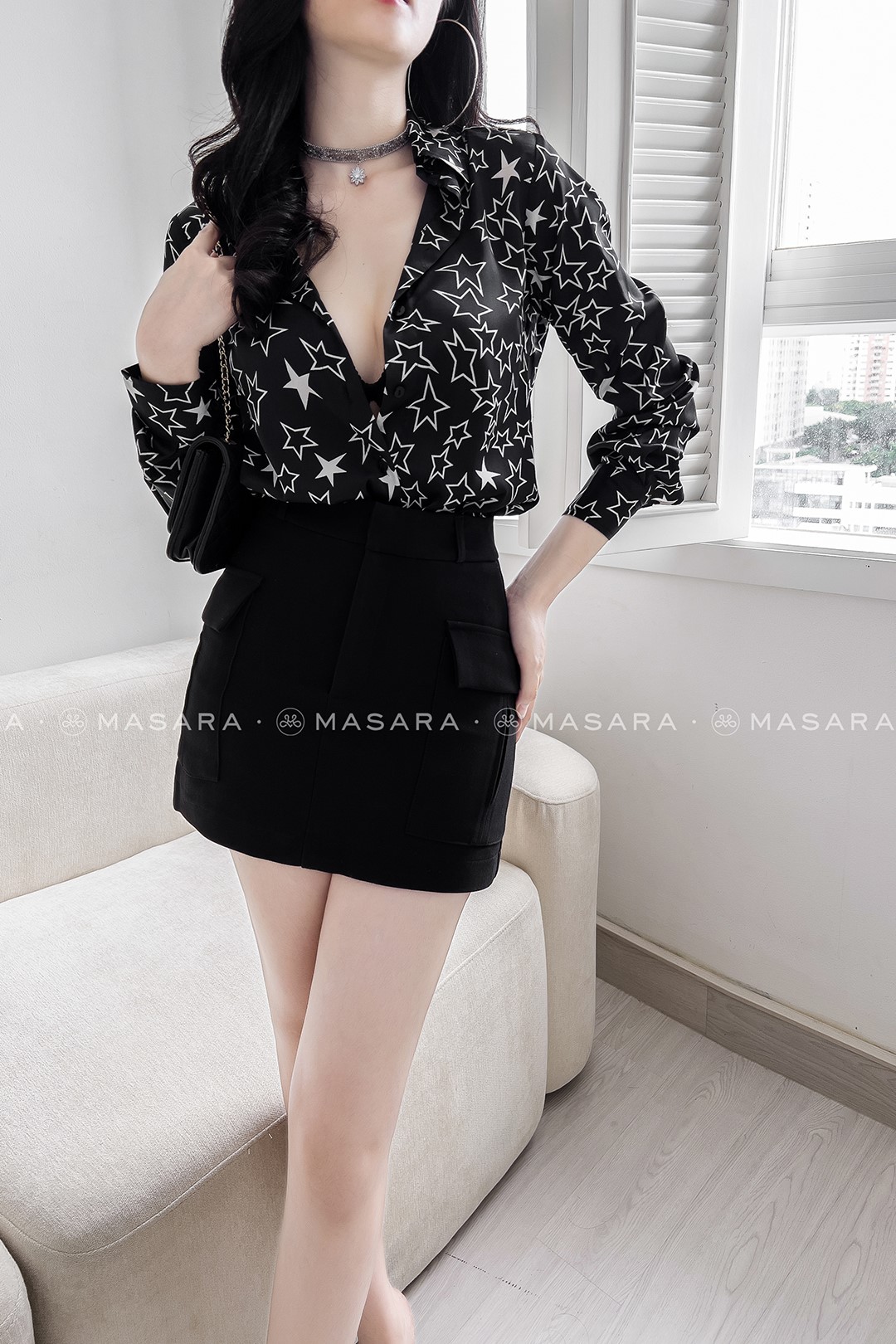 ÁO SƠ MI LỤA NGÔI SAO MÀU ĐEN