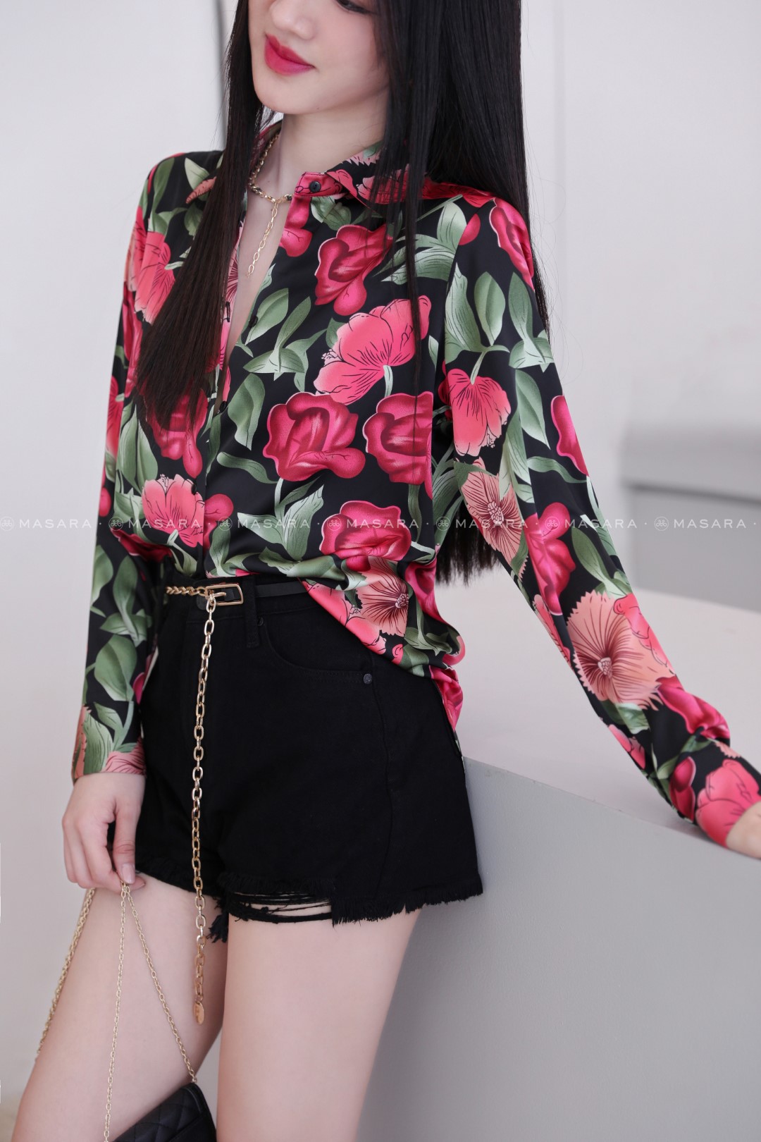 ÁO SƠ MI LỤA HOA CÁT TƯỜNG ĐỎ
