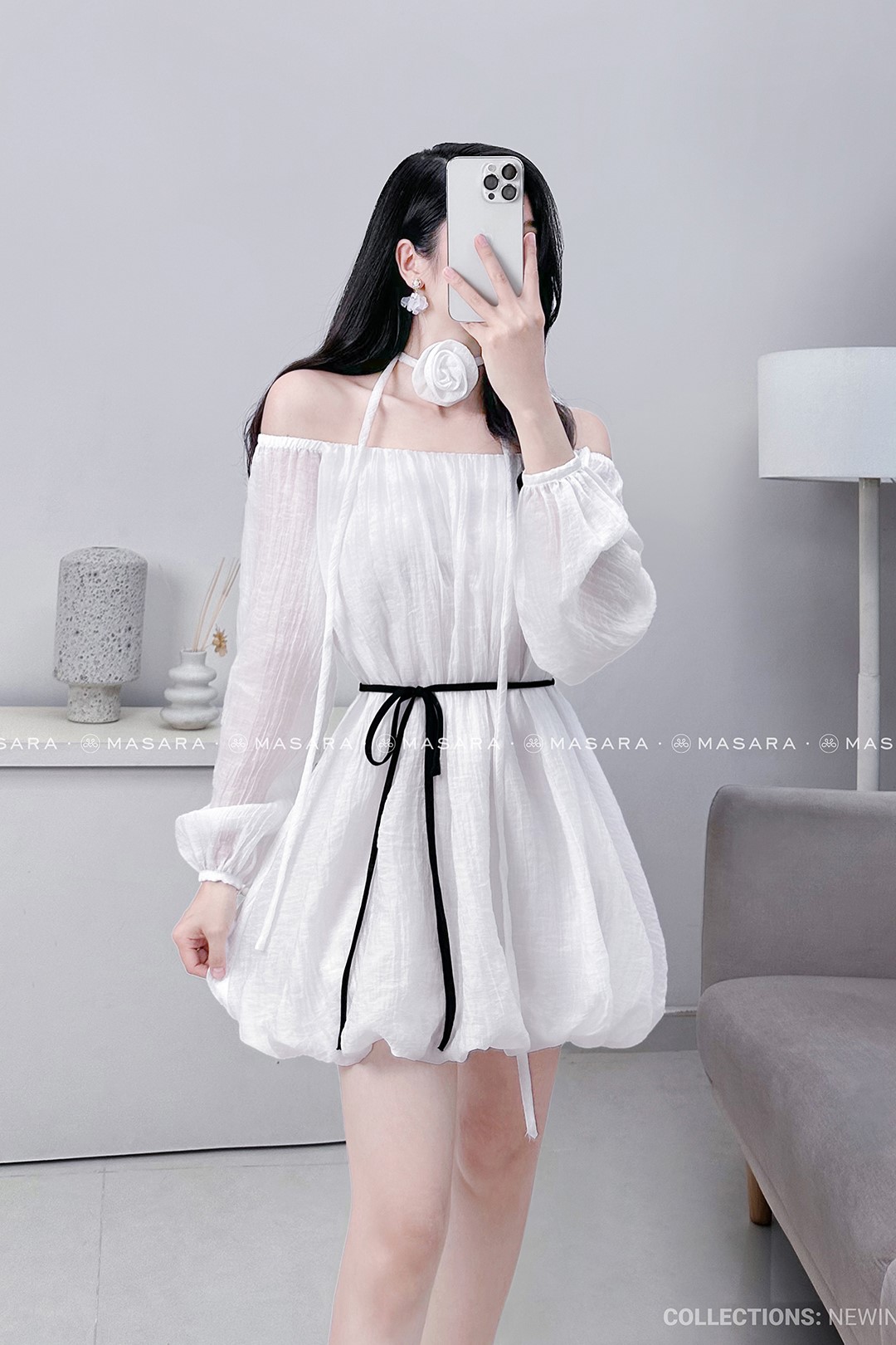 ĐẦM BÍ TRẮNG + DÂY NƠ + CHOCKER HOA