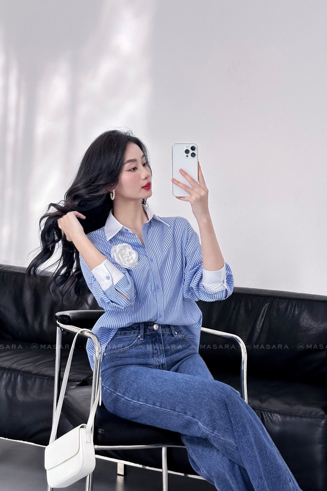 ÁO SƠ MI KẺ XANH PHỐI CỔ TRẮNG