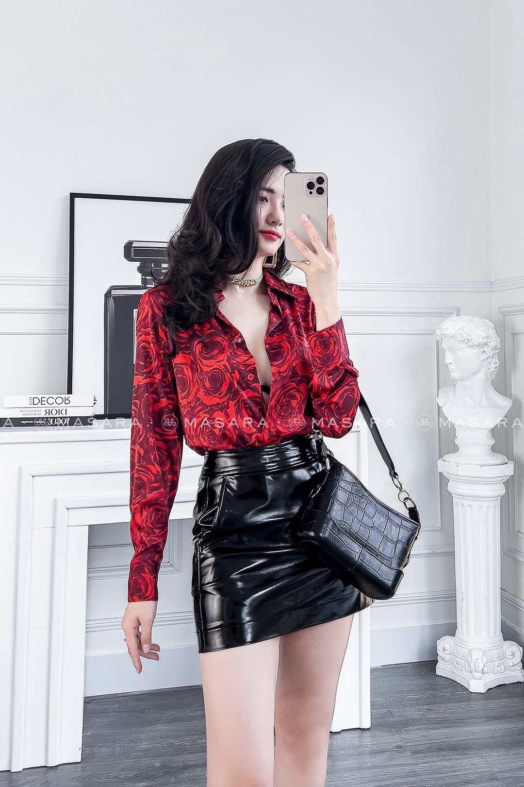ÁO SƠ MI LỤA HOA HỒNG ĐỎ