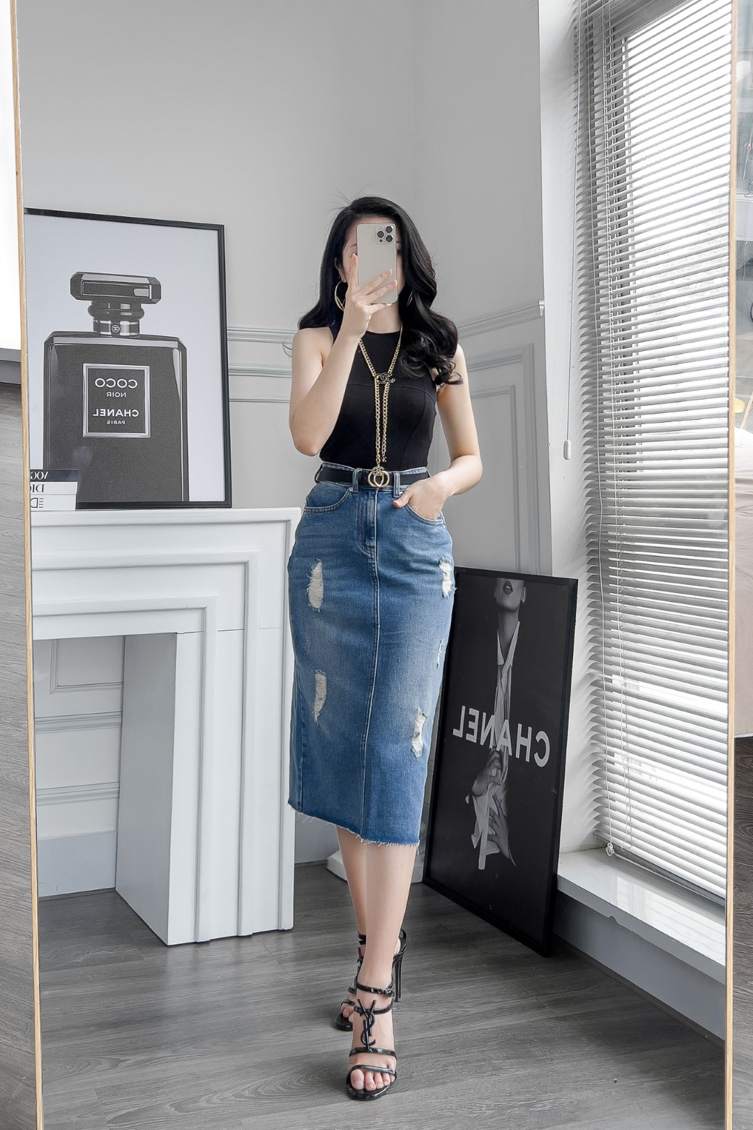 Chân váy jeans phối nút - Danangsale