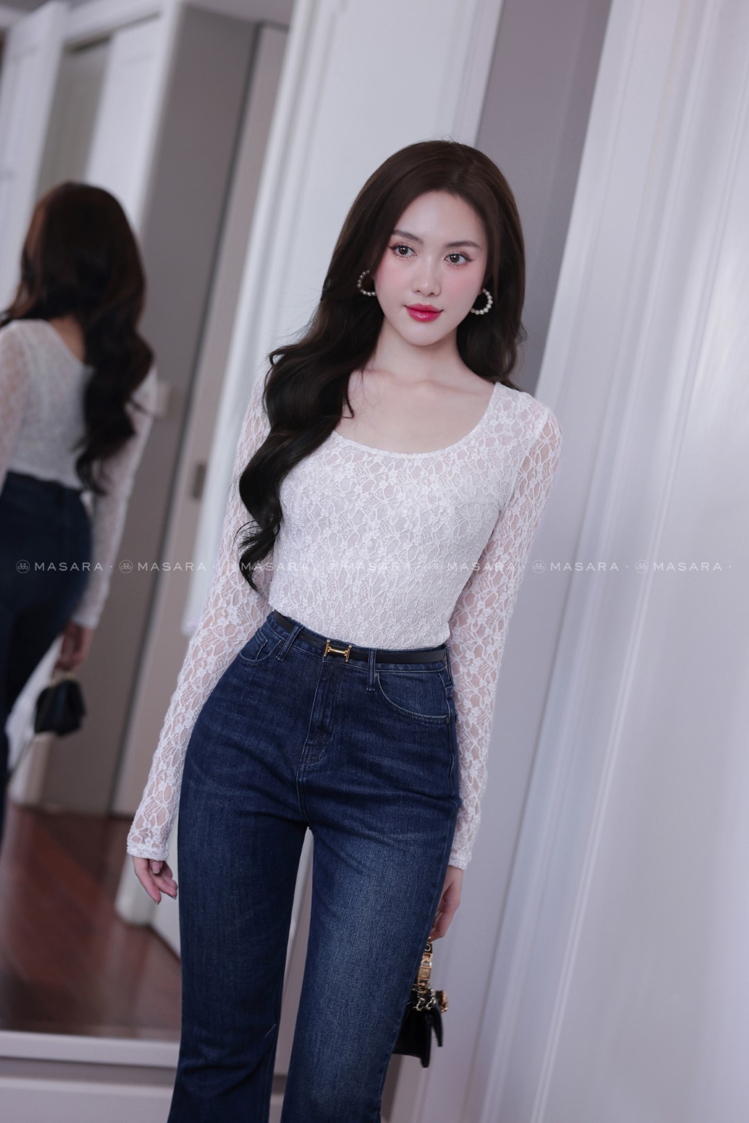 ÁO REN THUN PHỐI LƯỚI TRẮNG
