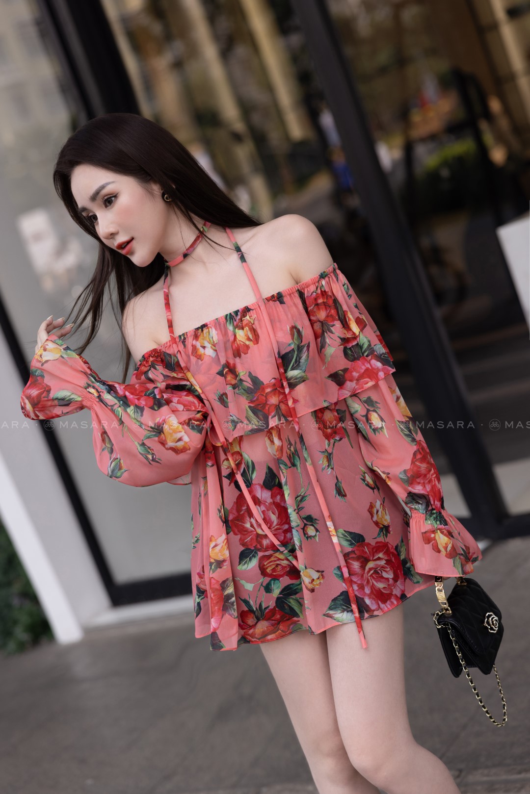 ÁO TƠ HOA HỒNG ĐÀO TRỄ VAI