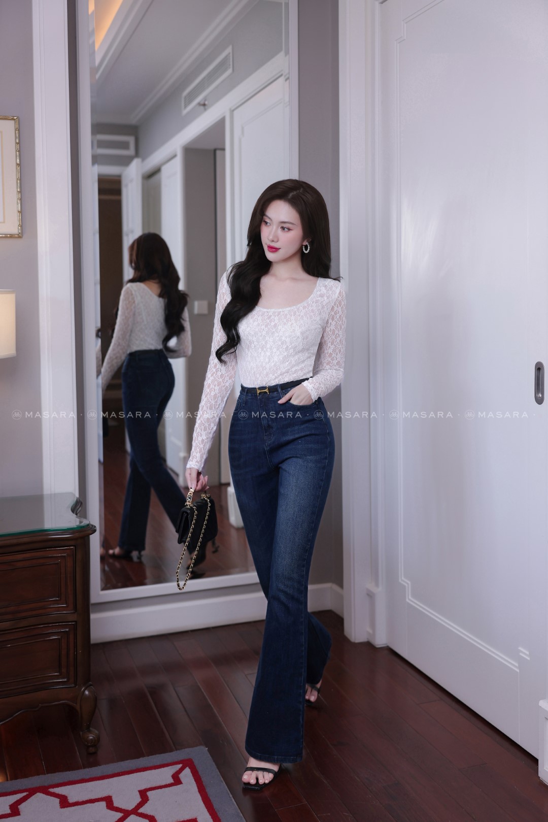 ÁO REN THUN PHỐI LƯỚI TRẮNG