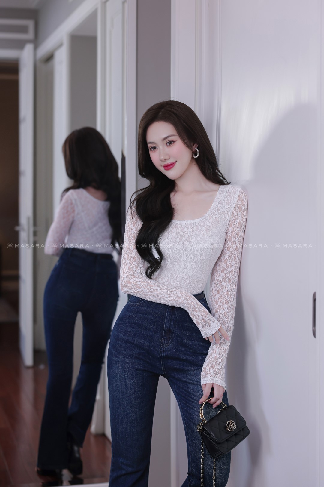 ÁO REN THUN PHỐI LƯỚI TRẮNG